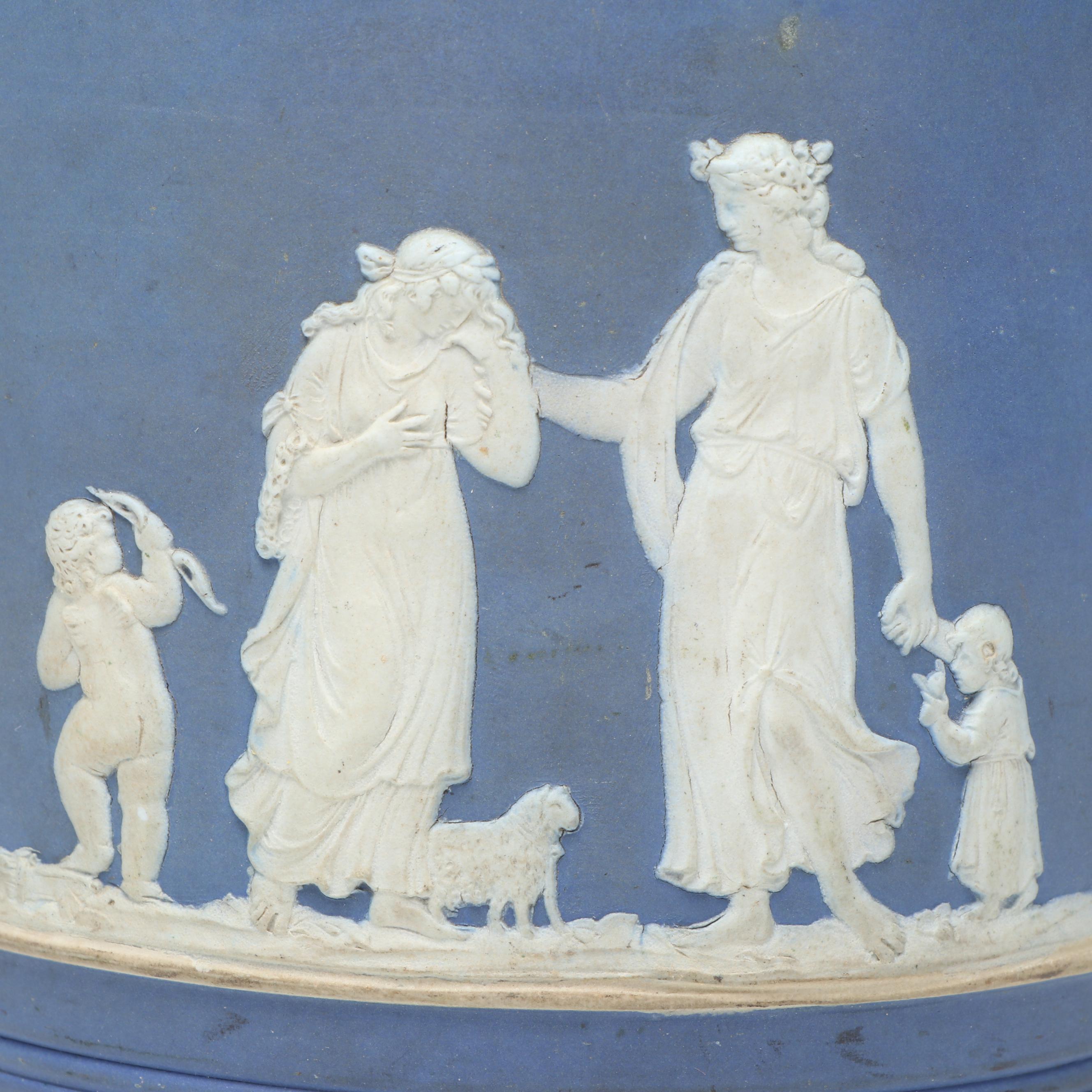 Wedgwood Blue Jasperware and Silver Plate Biscuit Barrel, Mid to Late 19th C.