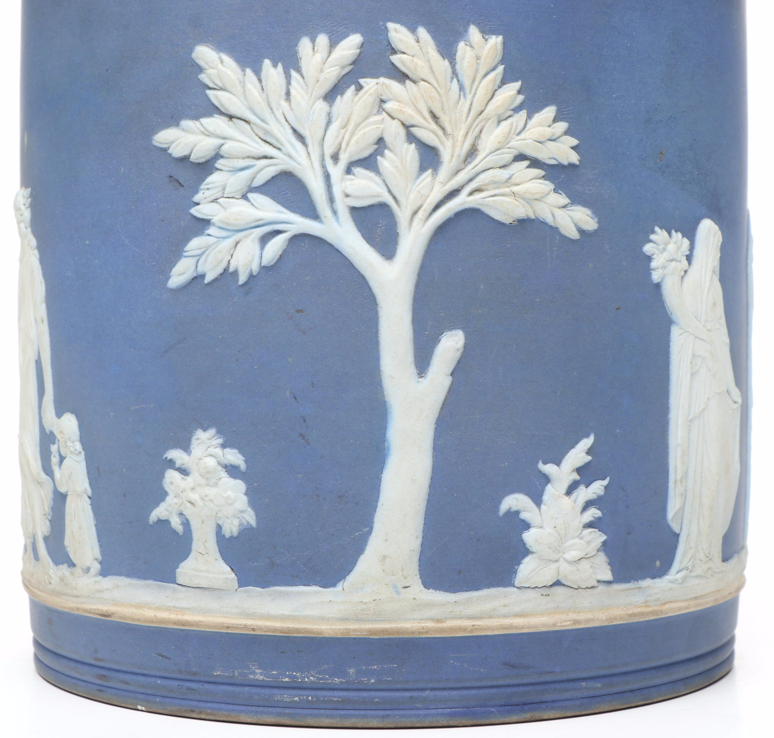 Wedgwood Blue Jasperware and Silver Plate Biscuit Barrel, Mid to Late 19th C.