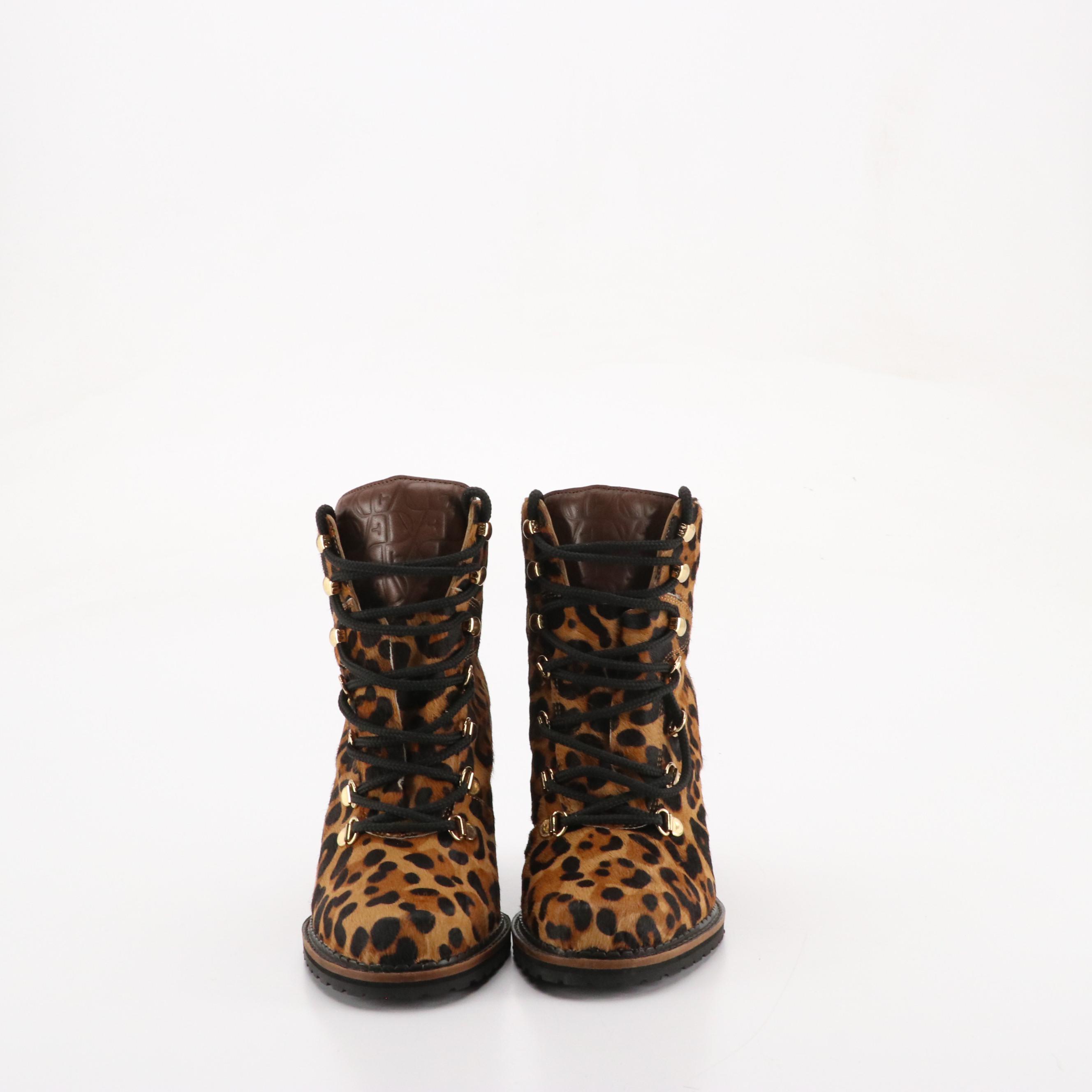 Diane Von Furstenberg Leopard Print Calf Hair Lace-Up Wedge Ankle Boots
