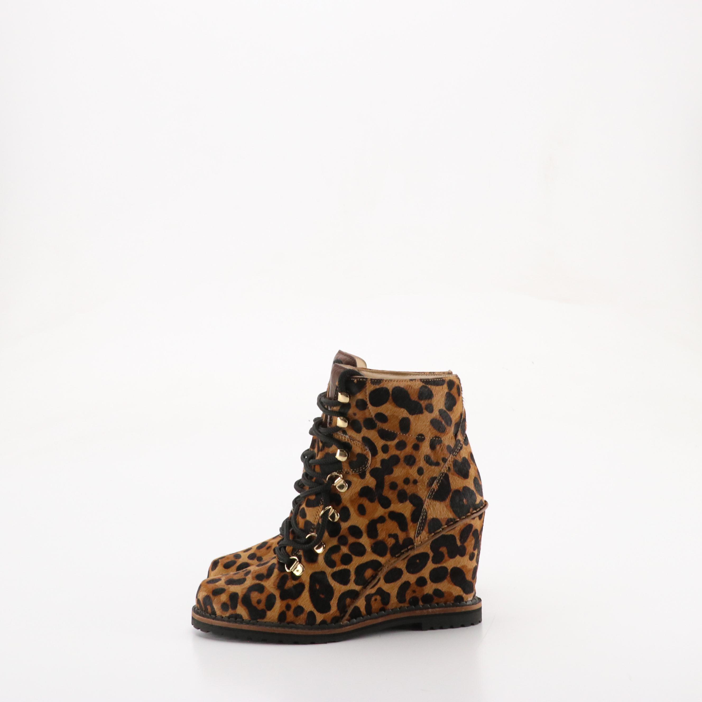 Diane Von Furstenberg Leopard Print Calf Hair Lace-Up Wedge Ankle Boots