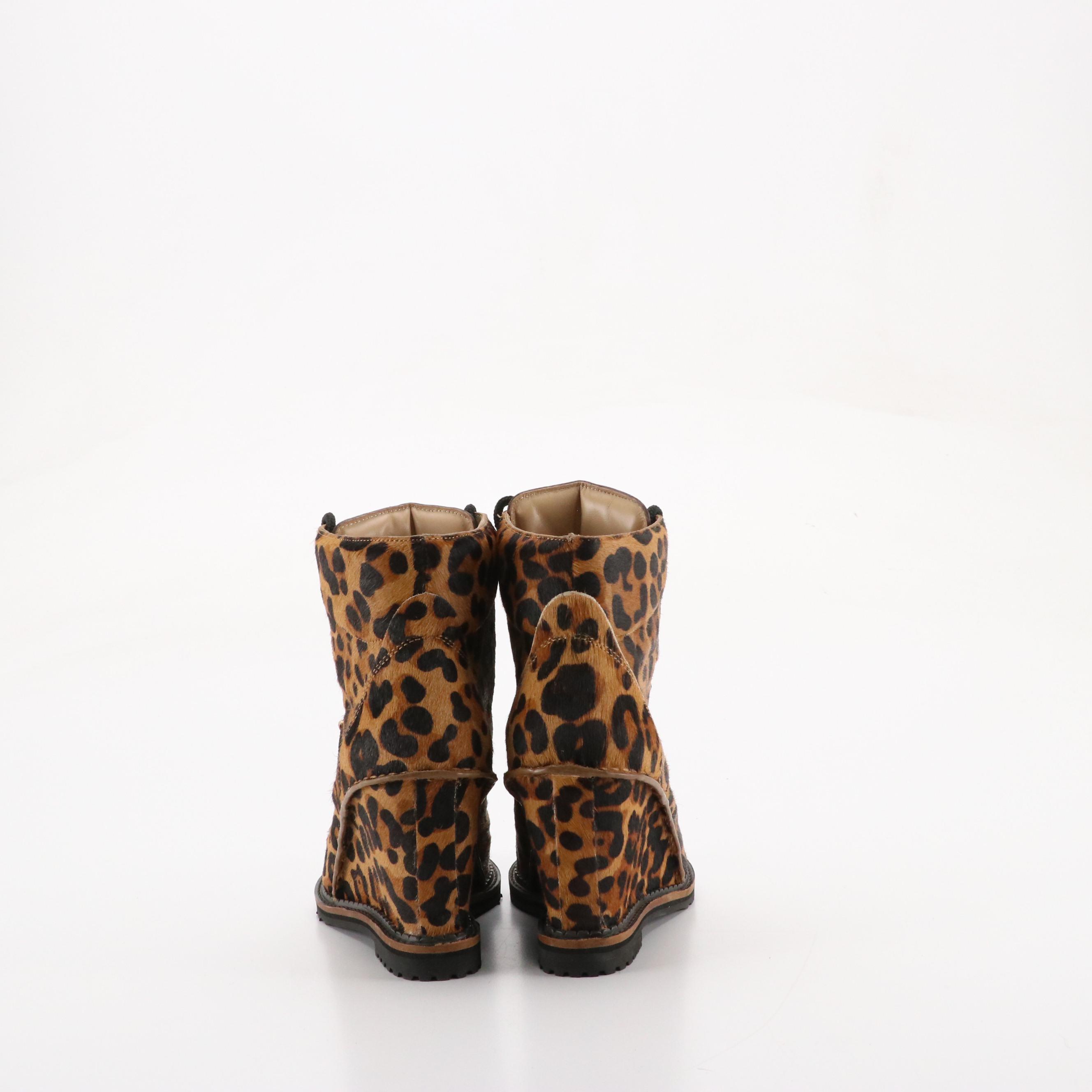 Diane Von Furstenberg Leopard Print Calf Hair Lace-Up Wedge Ankle Boots