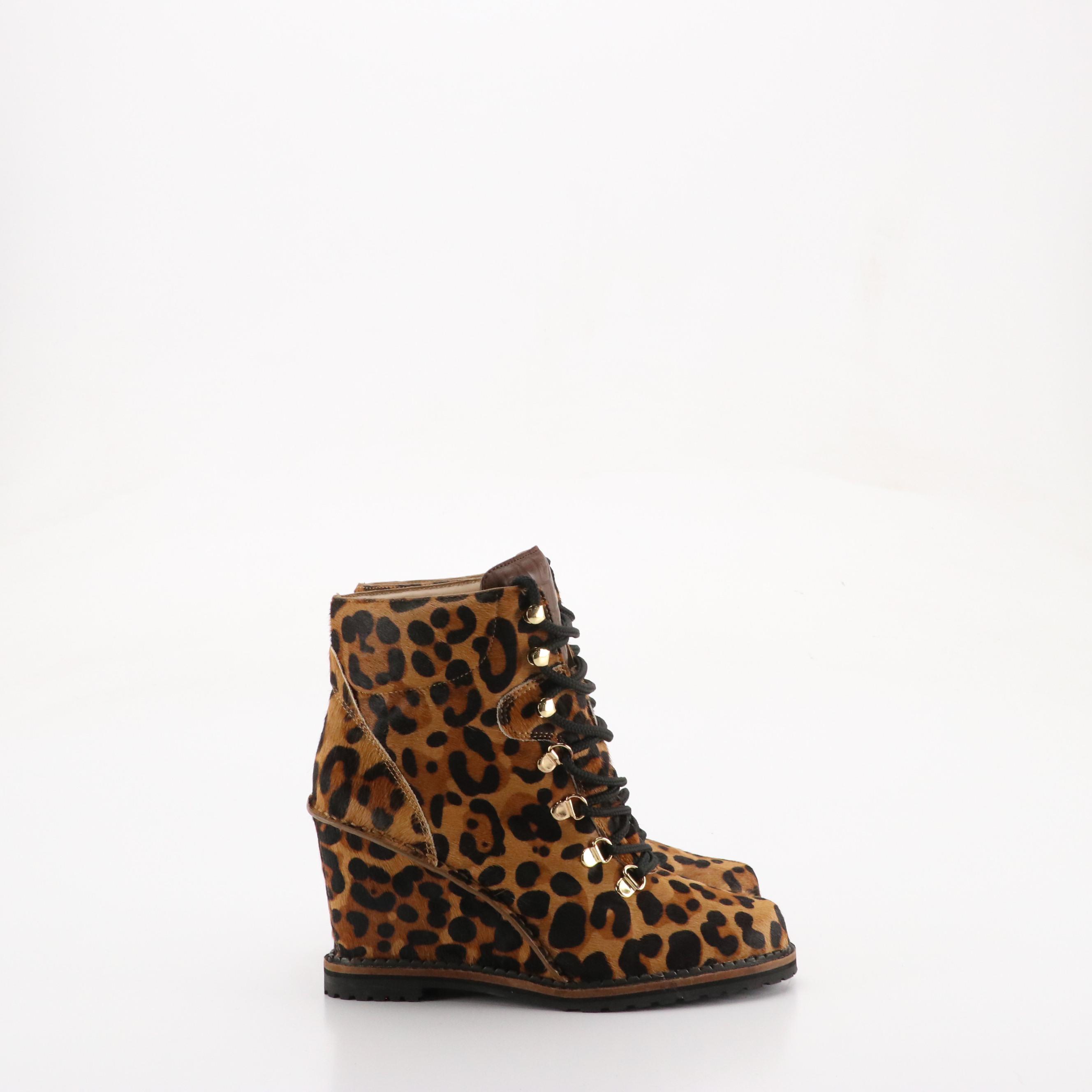 Diane Von Furstenberg Leopard Print Calf Hair Lace-Up Wedge Ankle Boots