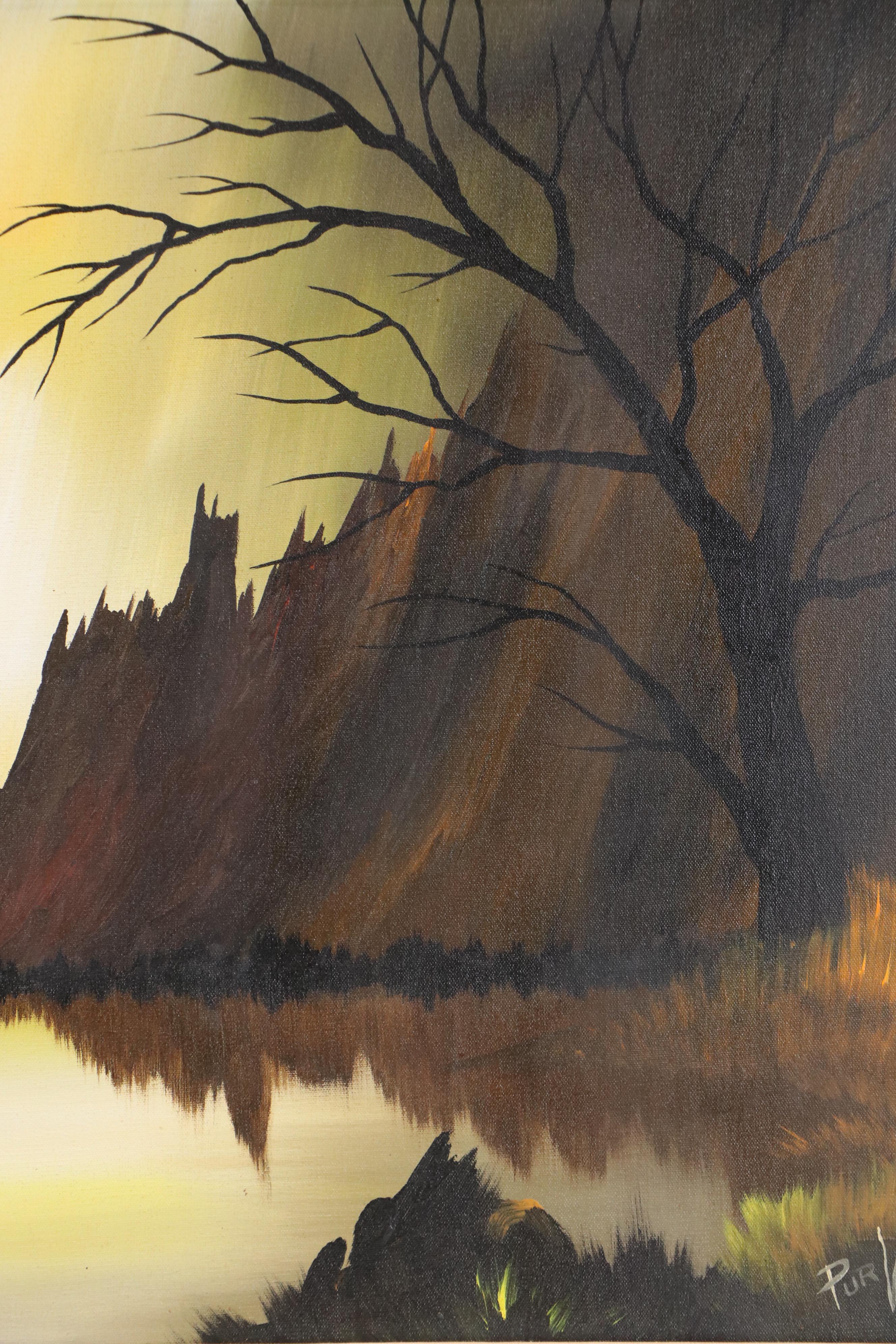 Dusk Mountainous Lake Landscape Oil Painting, Late 20th Century