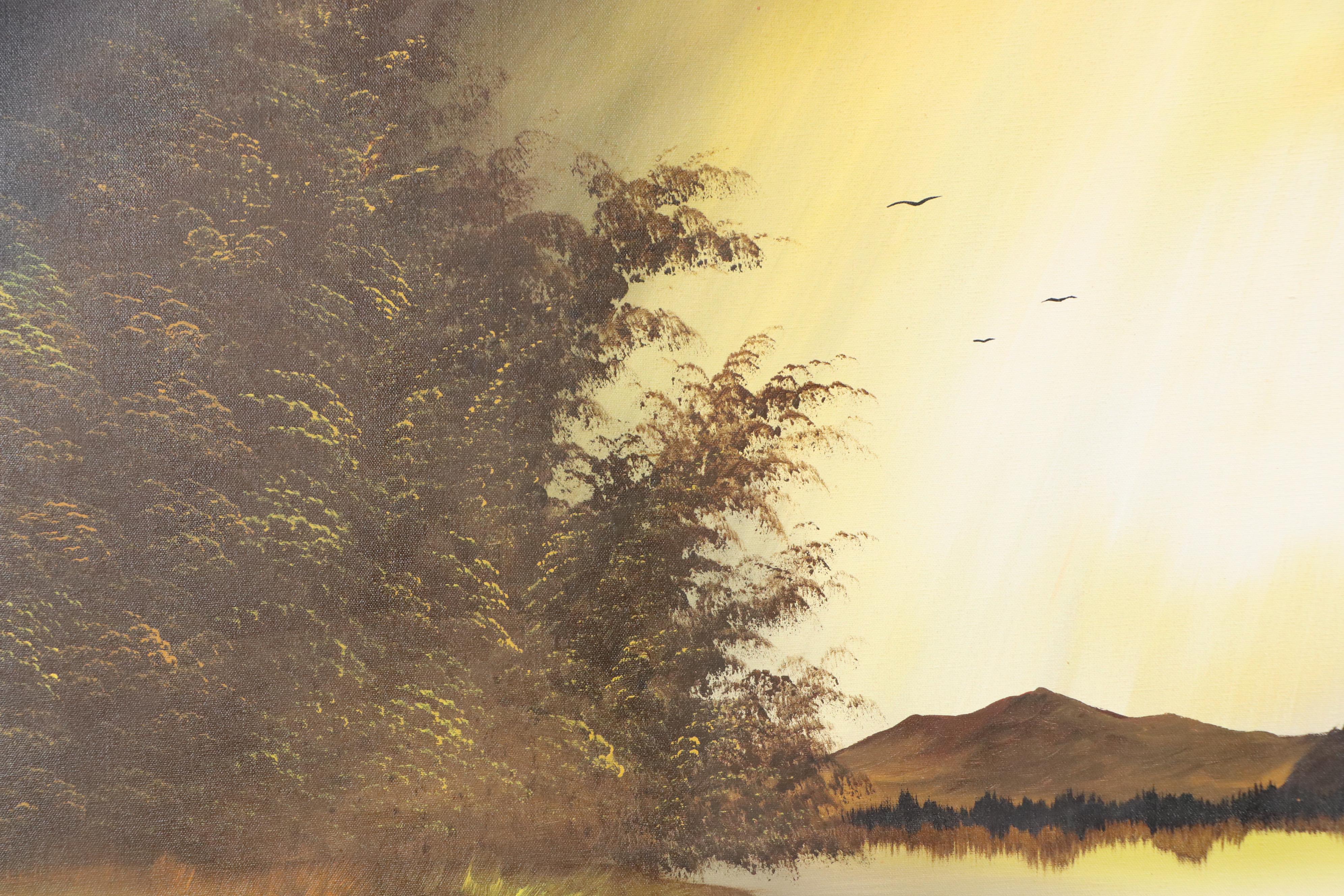 Dusk Mountainous Lake Landscape Oil Painting, Late 20th Century