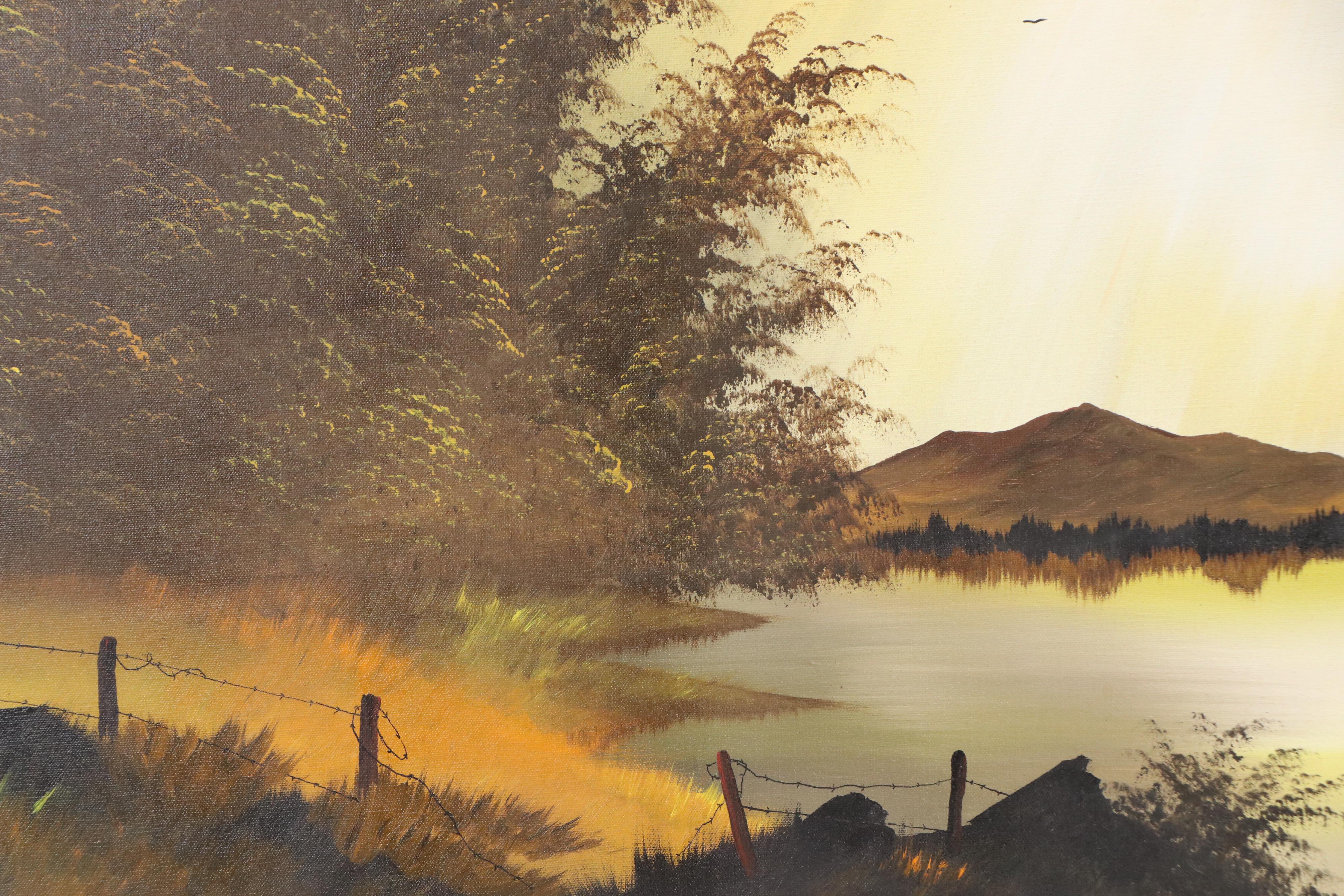 Dusk Mountainous Lake Landscape Oil Painting, Late 20th Century