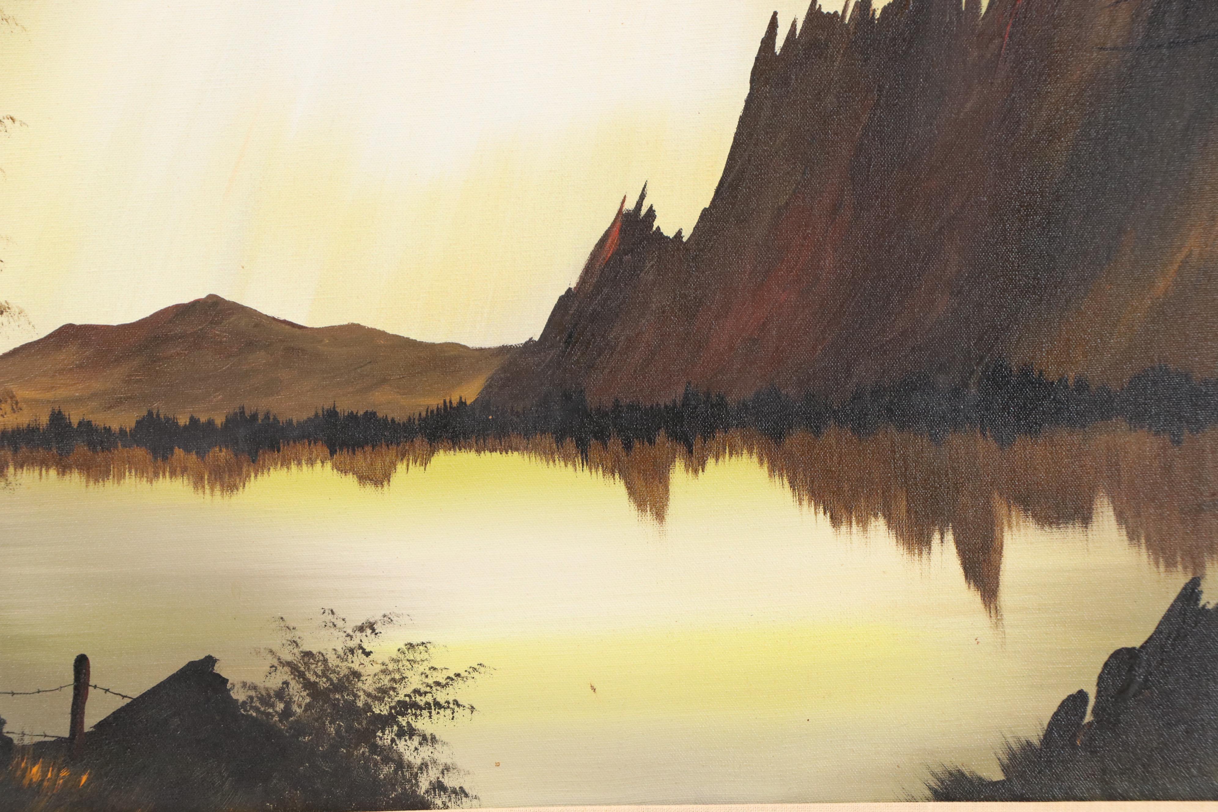 Dusk Mountainous Lake Landscape Oil Painting, Late 20th Century