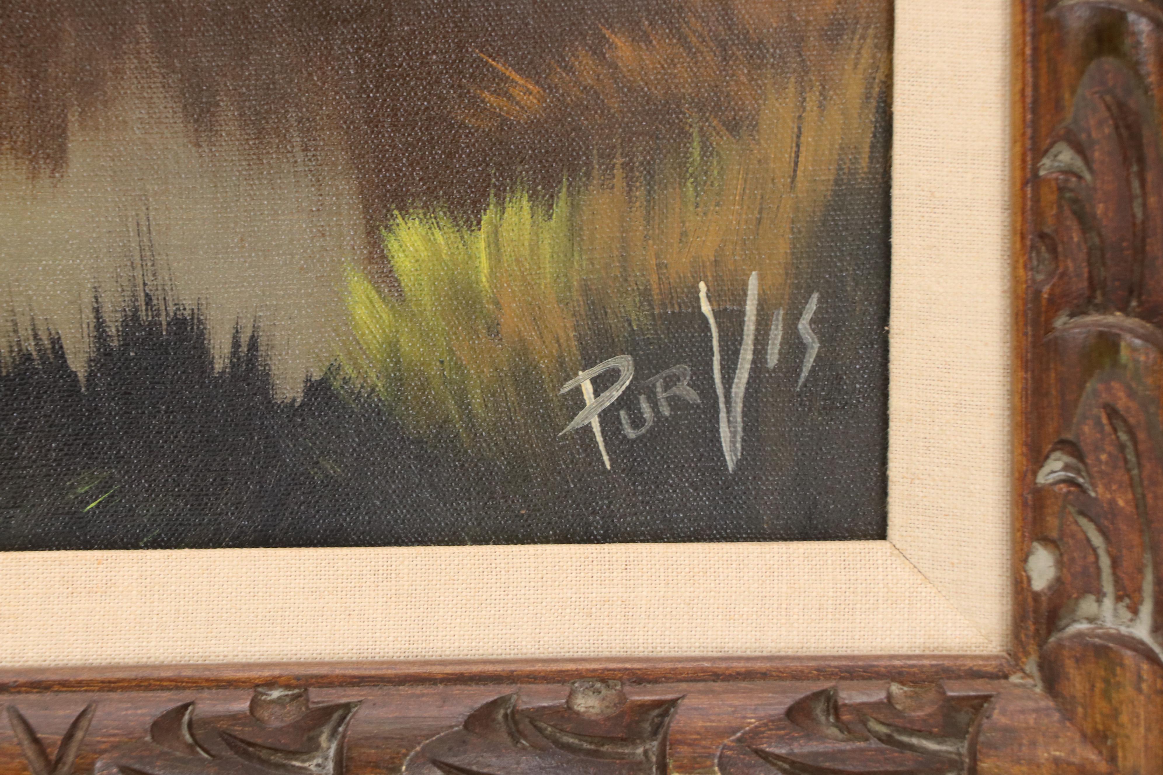 Dusk Mountainous Lake Landscape Oil Painting, Late 20th Century