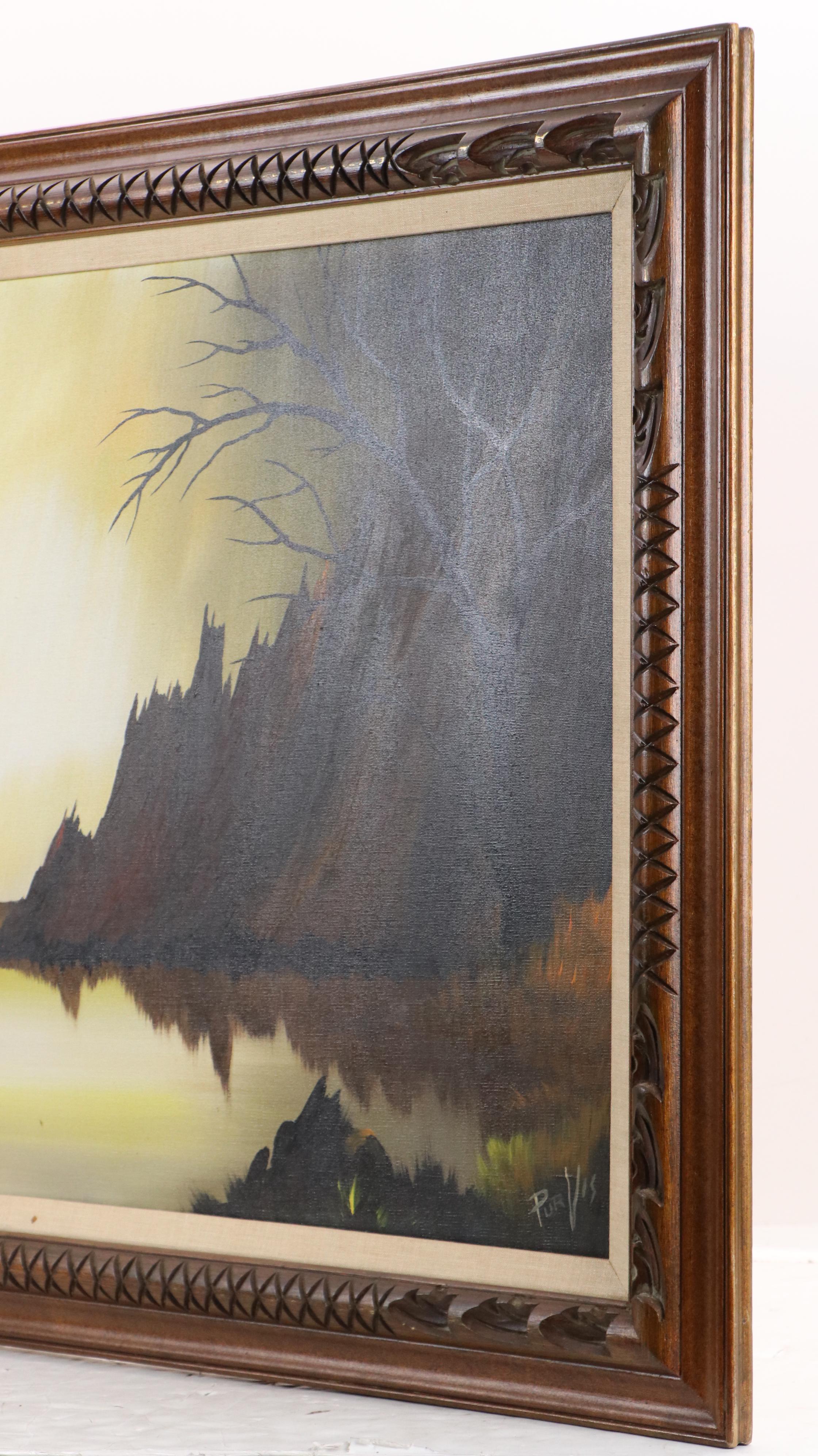 Dusk Mountainous Lake Landscape Oil Painting, Late 20th Century