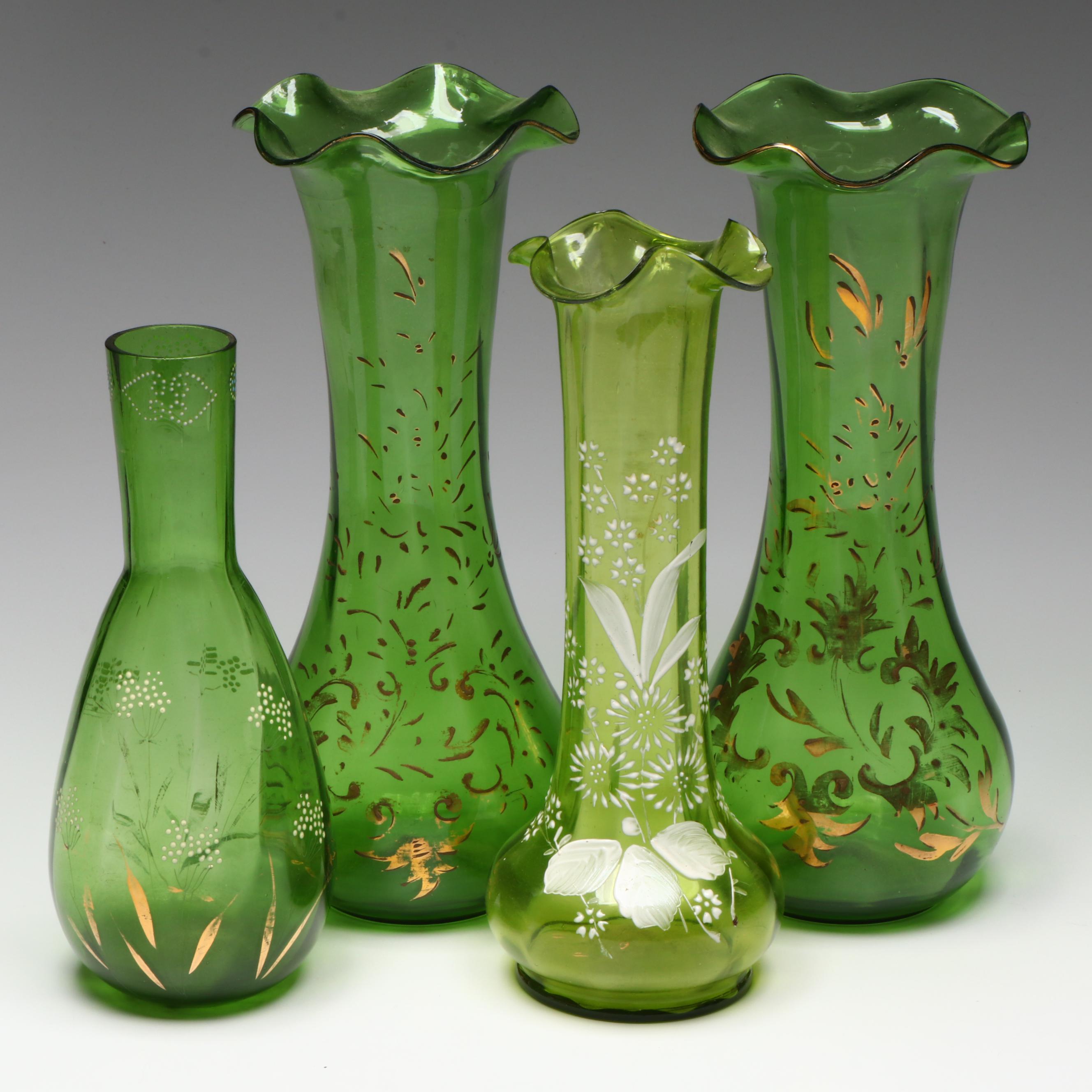 Victorian Green Glass Vases with Hand-Painted Accents, Late 19th/ Early 20th C.