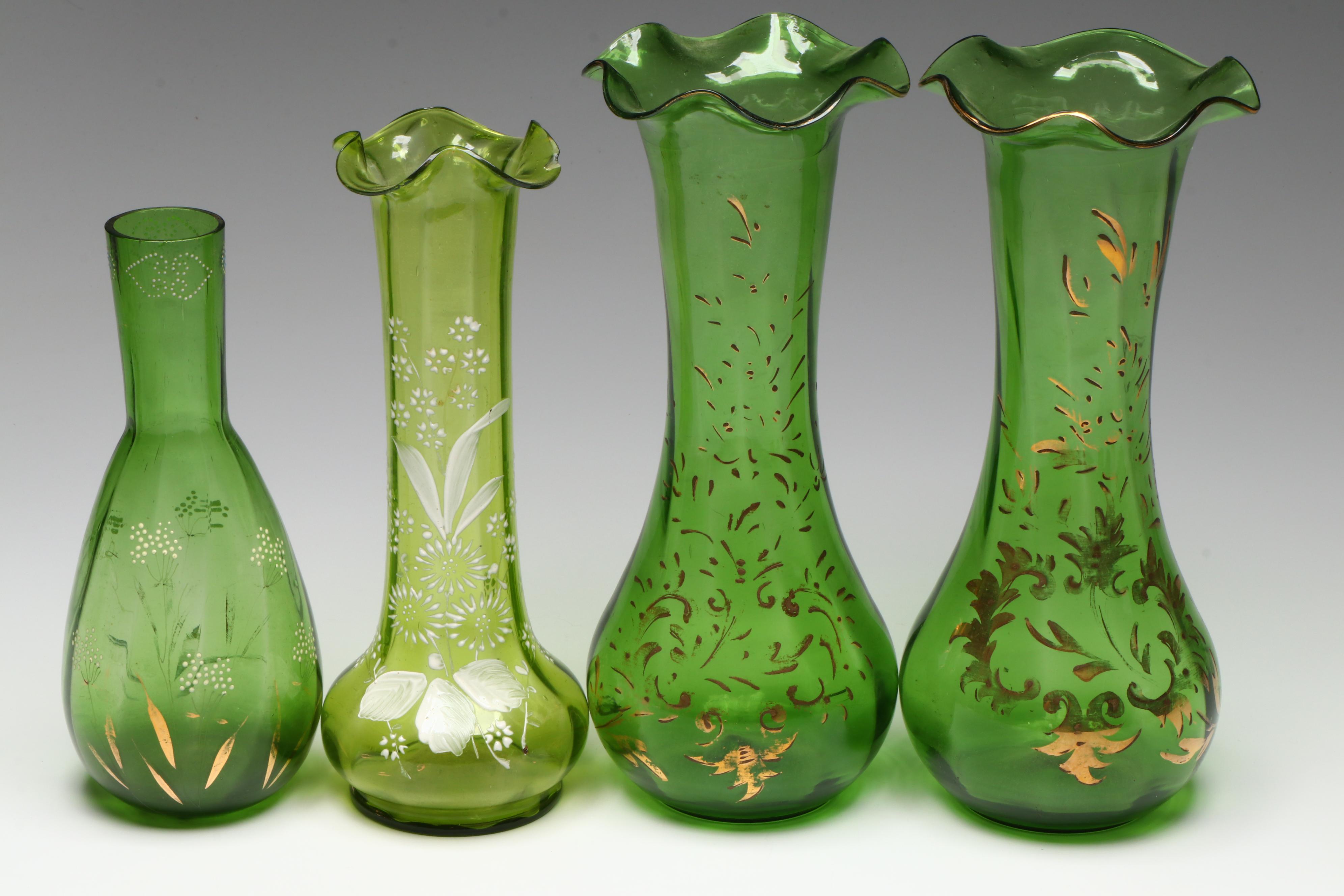 Victorian Green Glass Vases with Hand-Painted Accents, Late 19th/ Early 20th C.