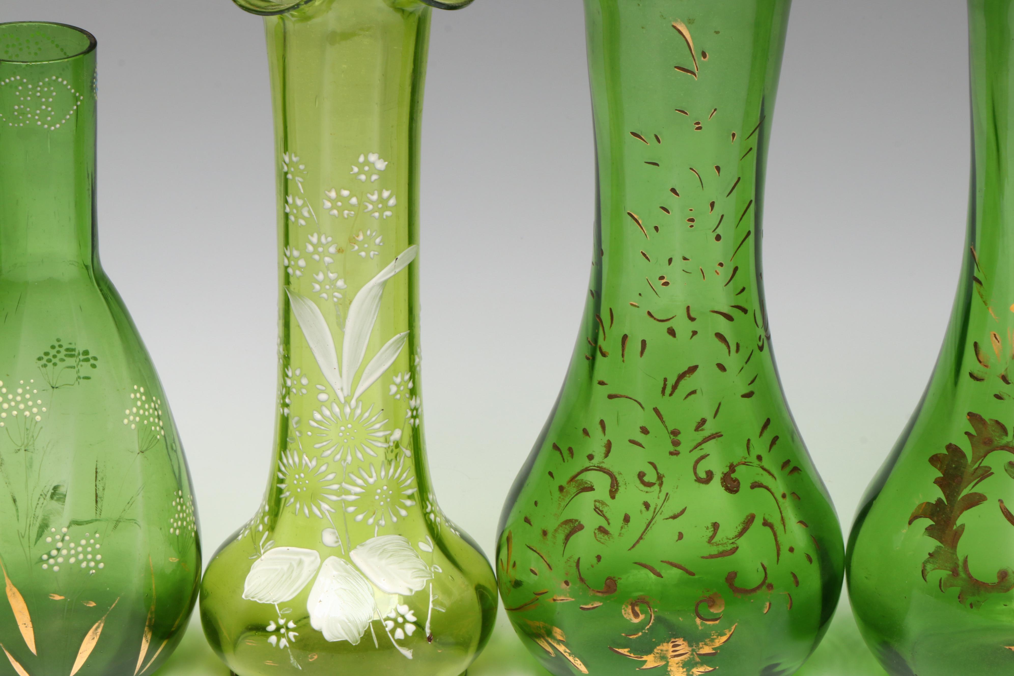 Victorian Green Glass Vases with Hand-Painted Accents, Late 19th/ Early 20th C.