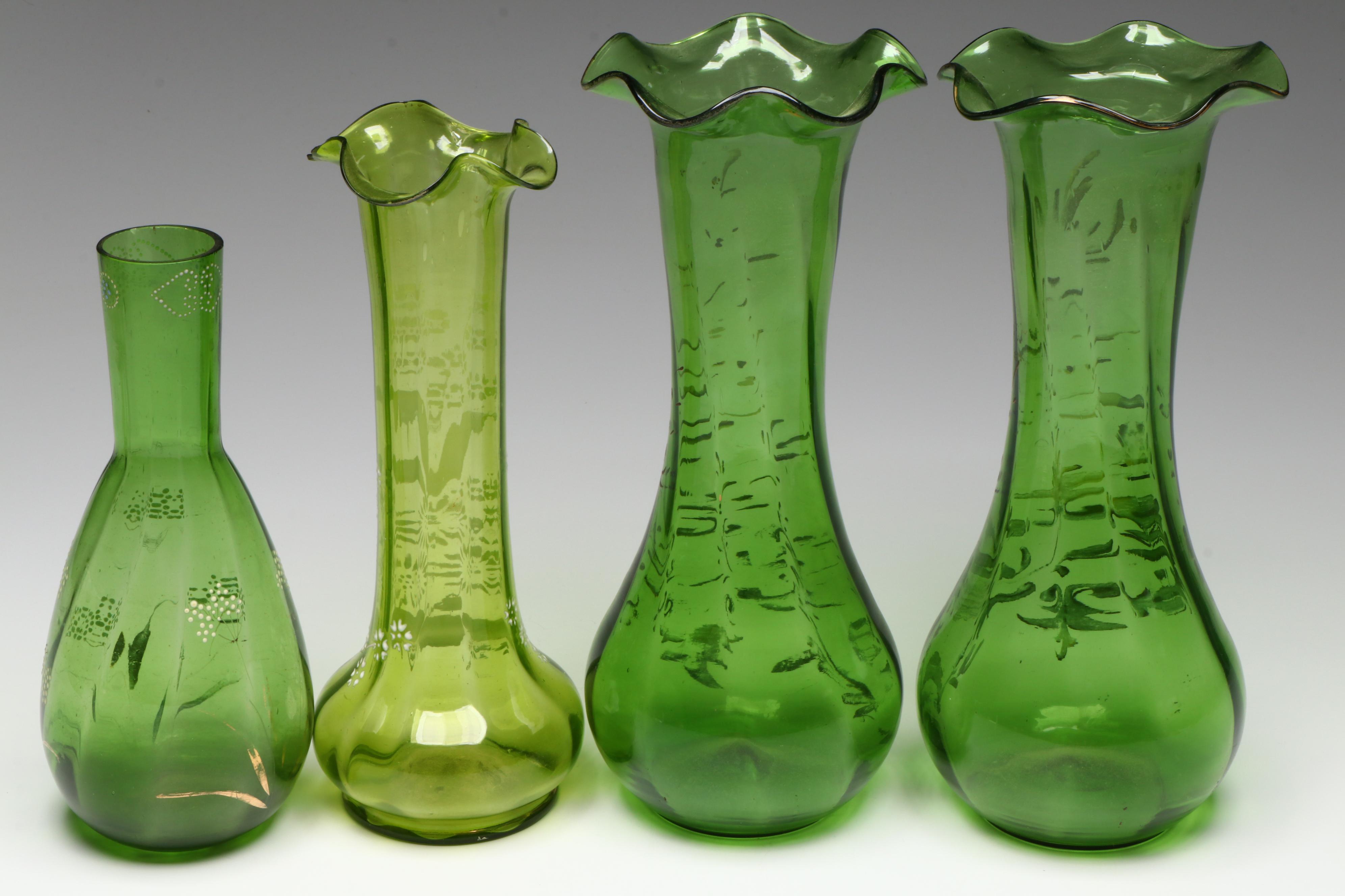 Victorian Green Glass Vases with Hand-Painted Accents, Late 19th/ Early 20th C.