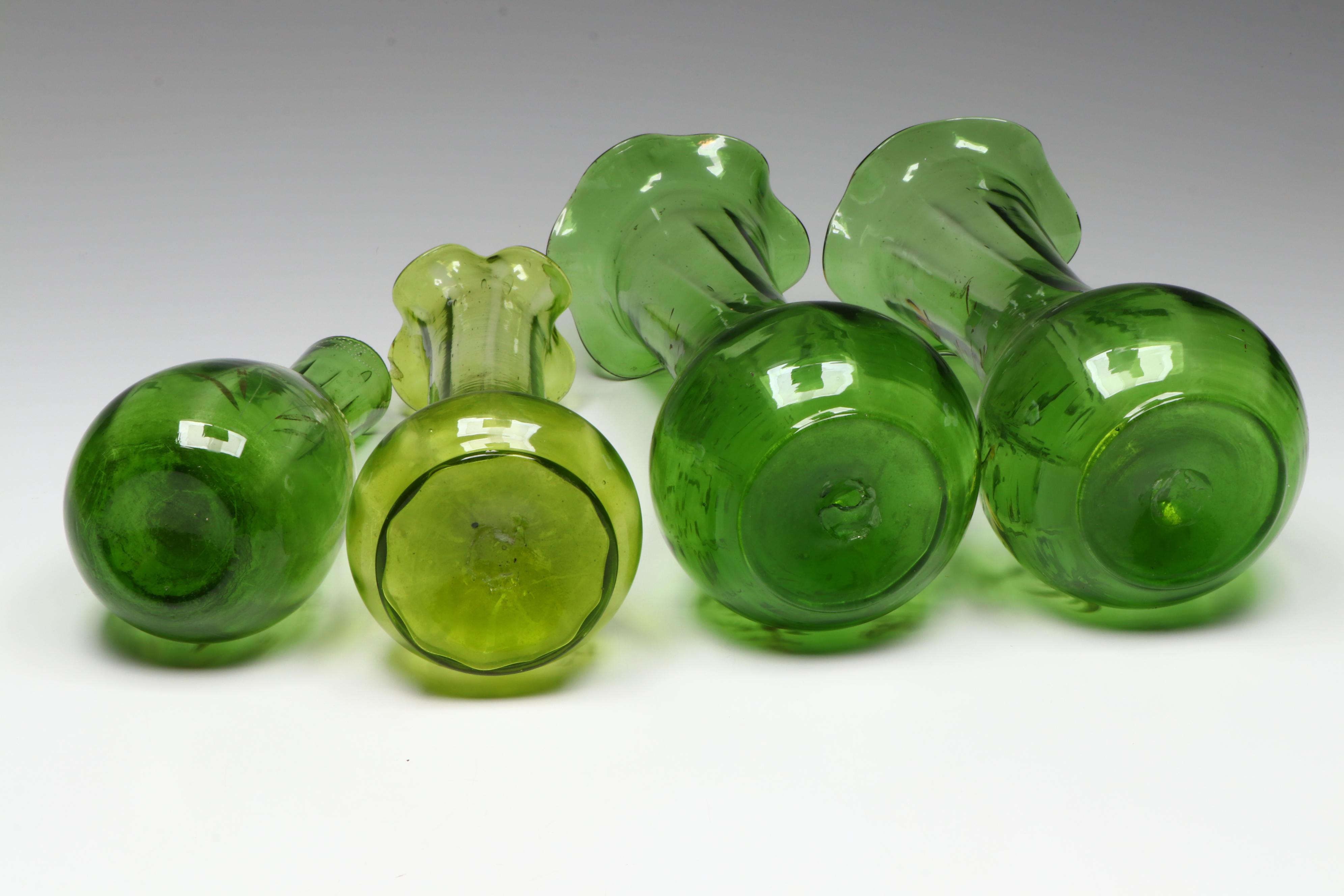 Victorian Green Glass Vases with Hand-Painted Accents, Late 19th/ Early 20th C.