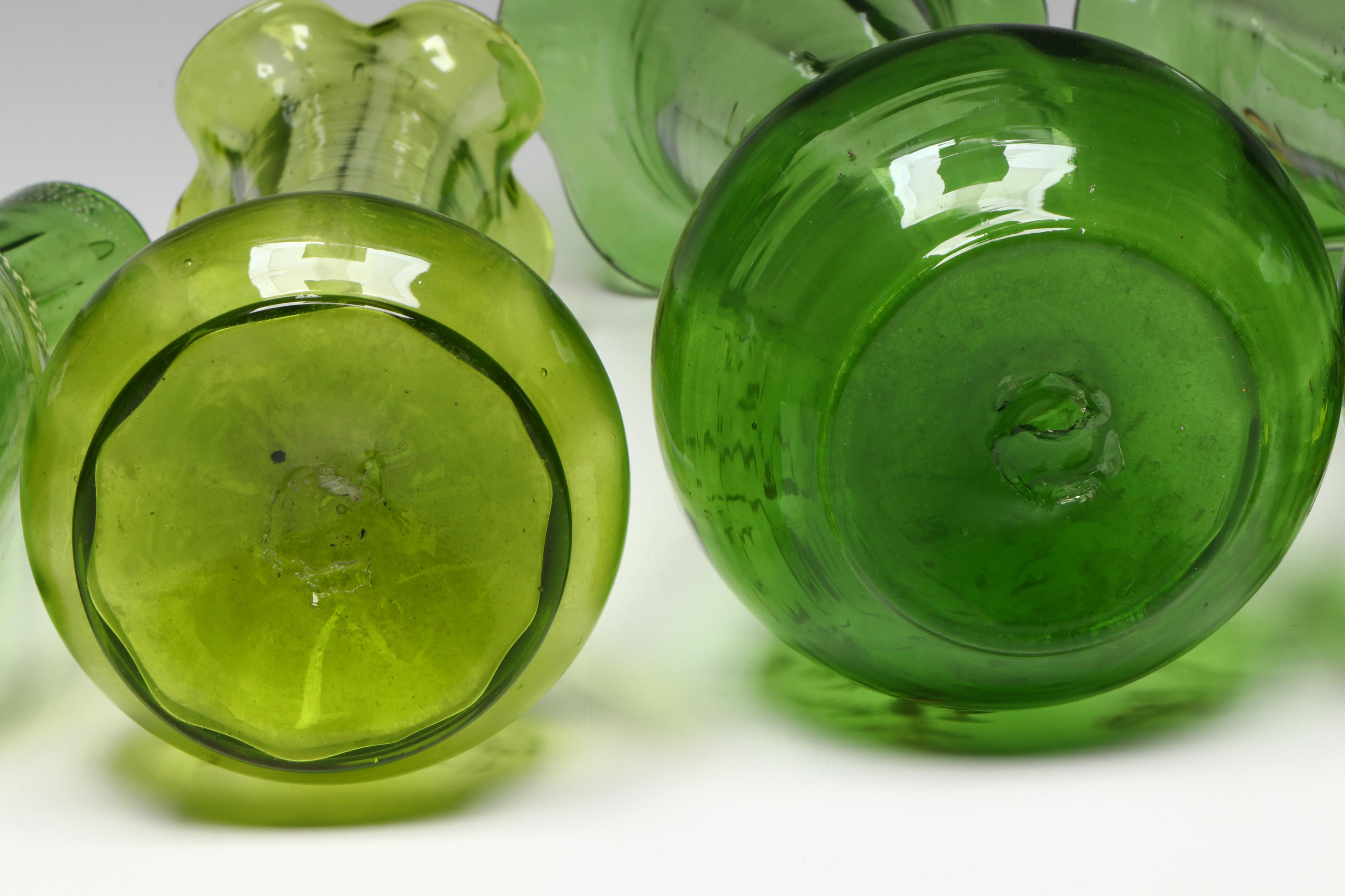 Victorian Green Glass Vases with Hand-Painted Accents, Late 19th/ Early 20th C.