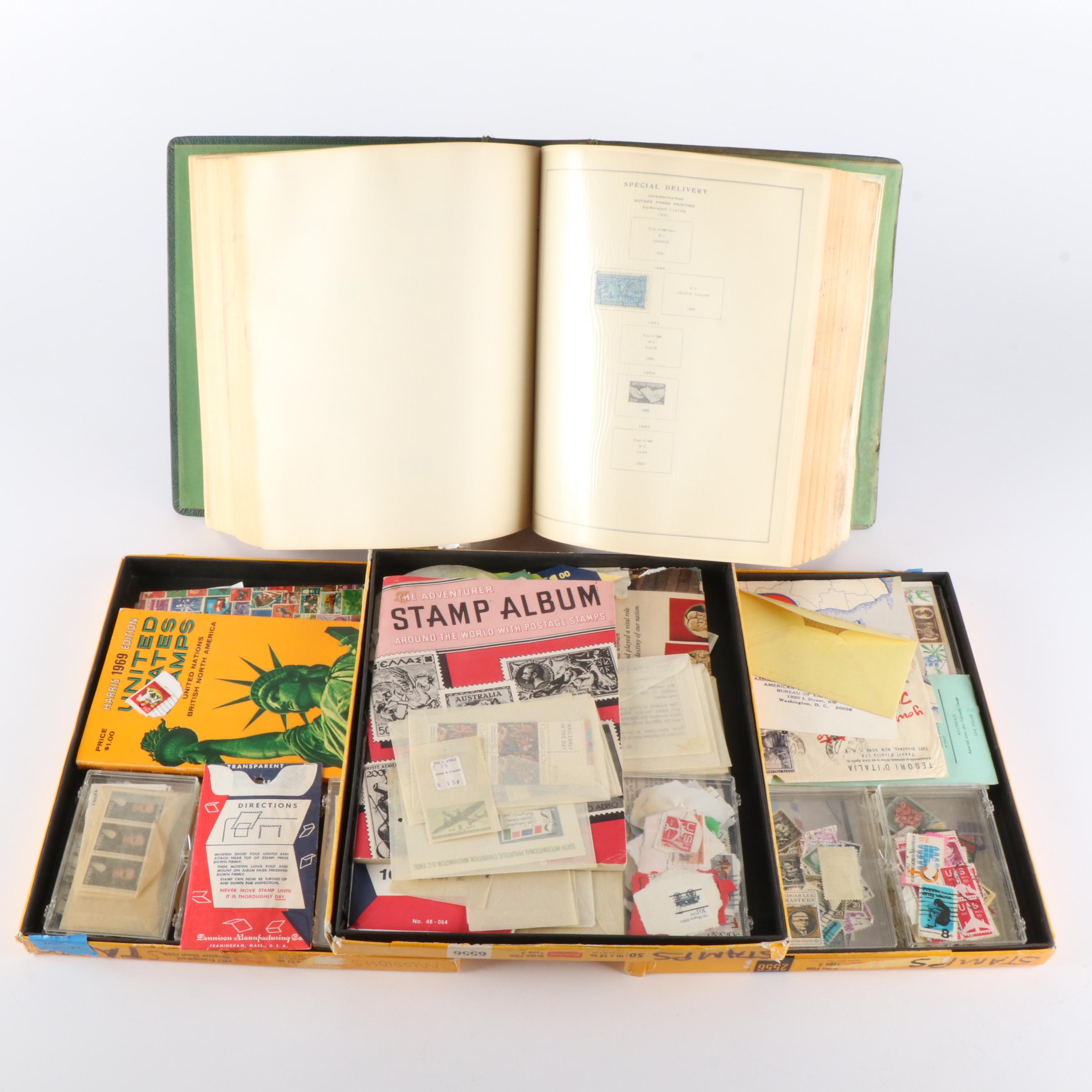 A Scotts "National Postage Stamp Album" for U.S. Stamps and 3 Boxes of Stamps