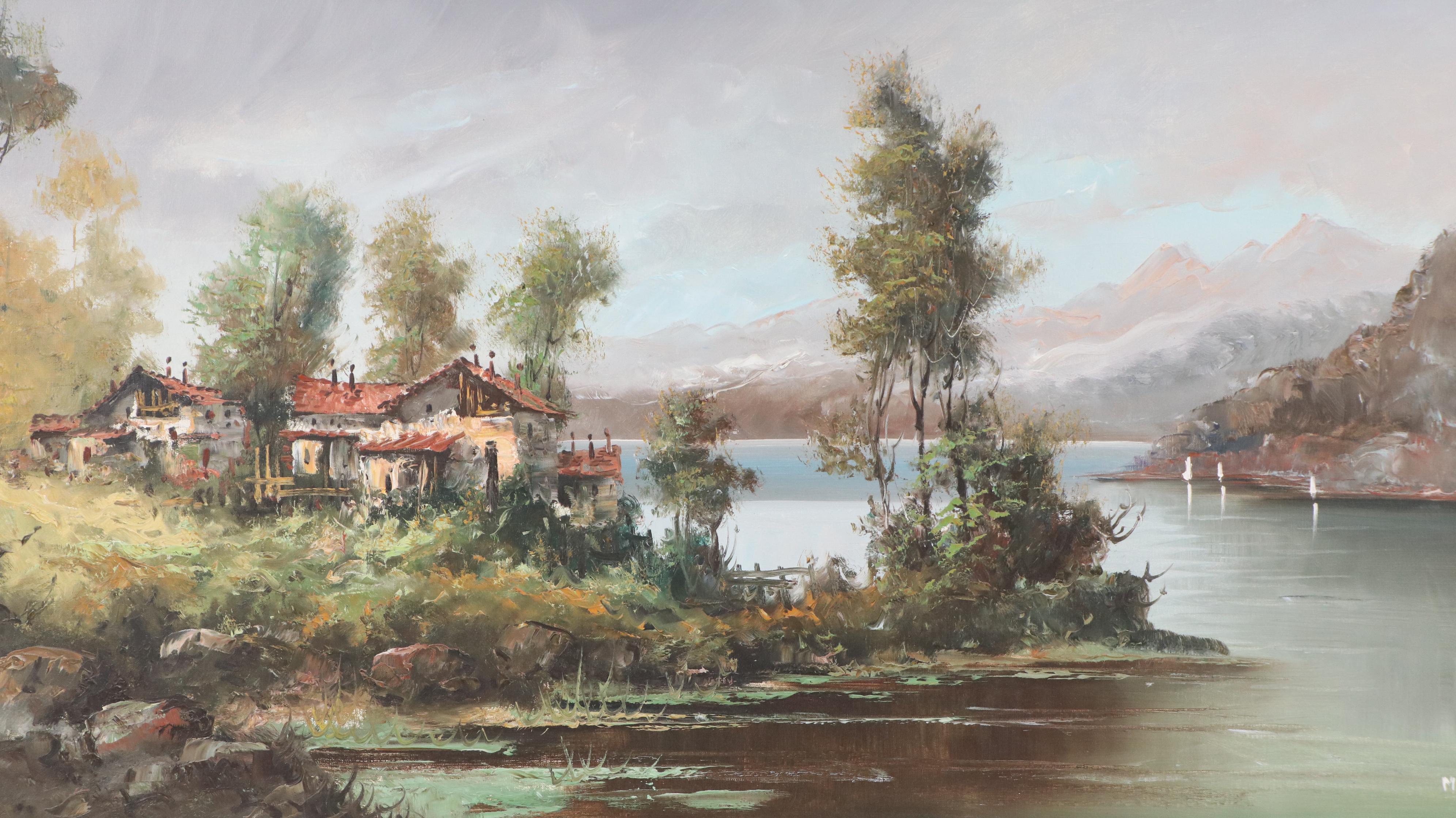 Carlo Mancini Landscape Oil Painting of Lakeside Cottage, Late 20th Century
