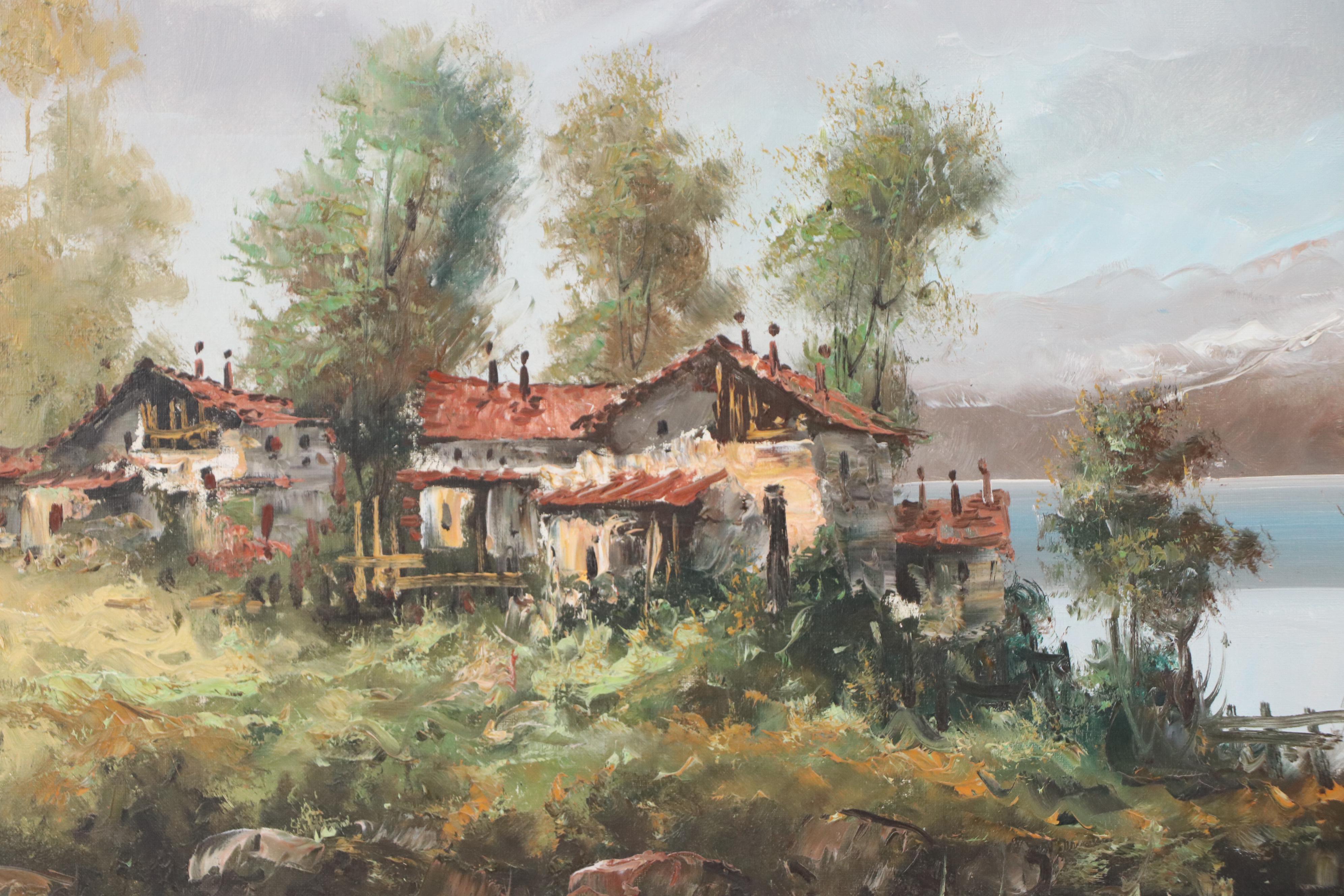 Carlo Mancini Landscape Oil Painting of Lakeside Cottage, Late 20th Century