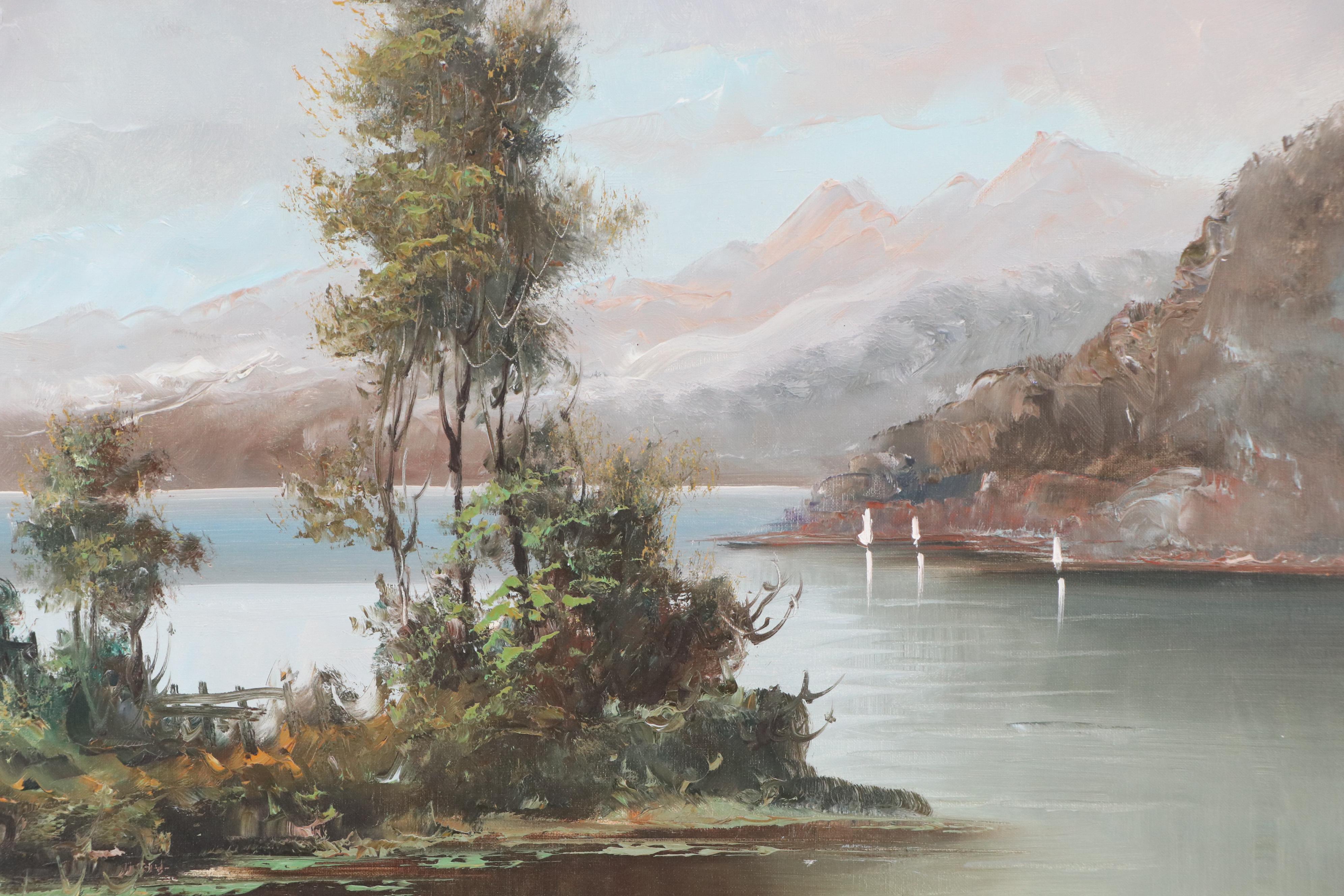 Carlo Mancini Landscape Oil Painting of Lakeside Cottage, Late 20th Century