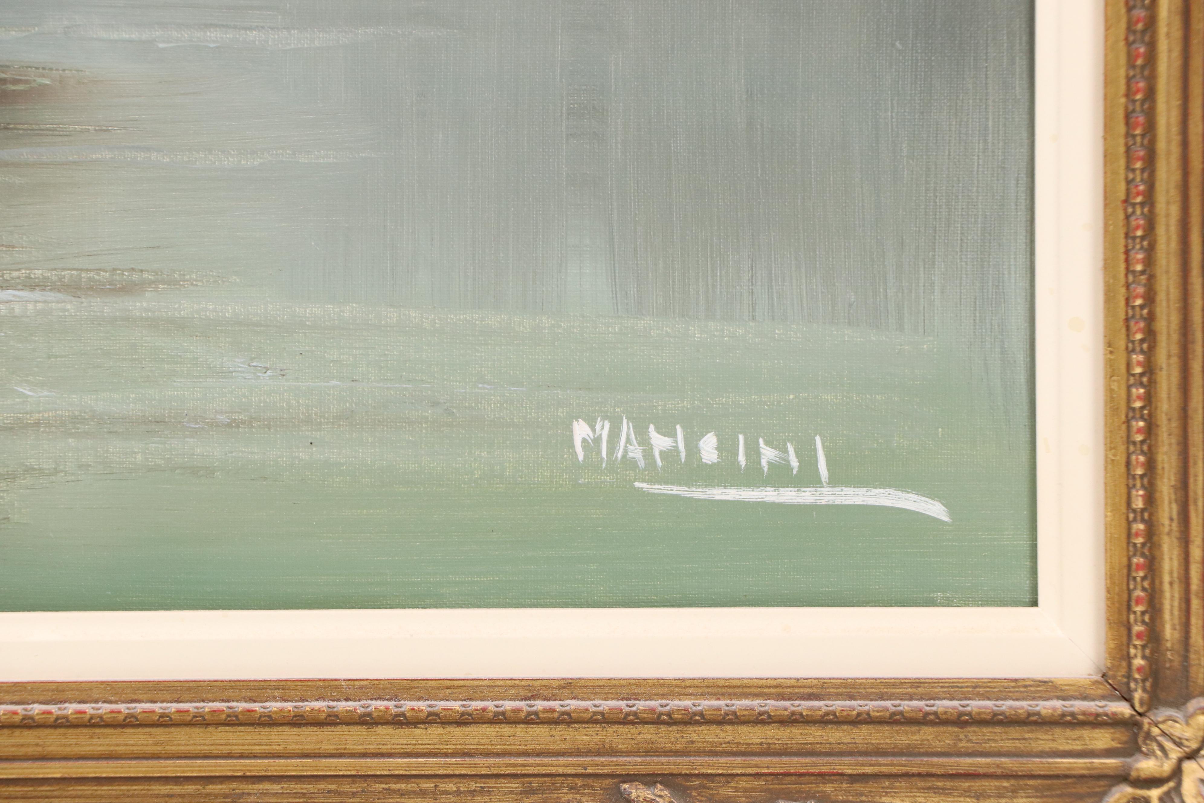 Carlo Mancini Landscape Oil Painting of Lakeside Cottage, Late 20th Century