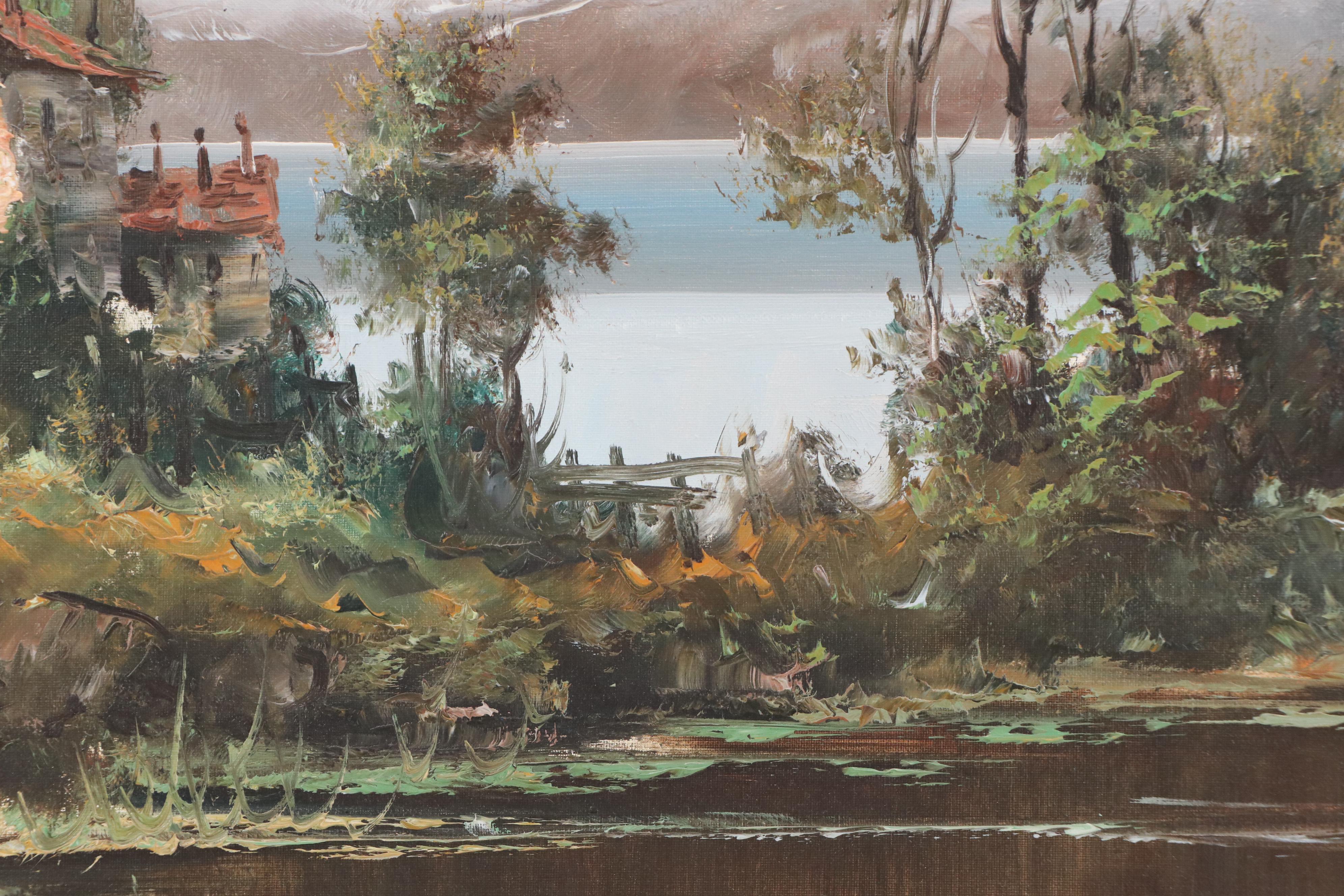 Carlo Mancini Landscape Oil Painting of Lakeside Cottage, Late 20th Century