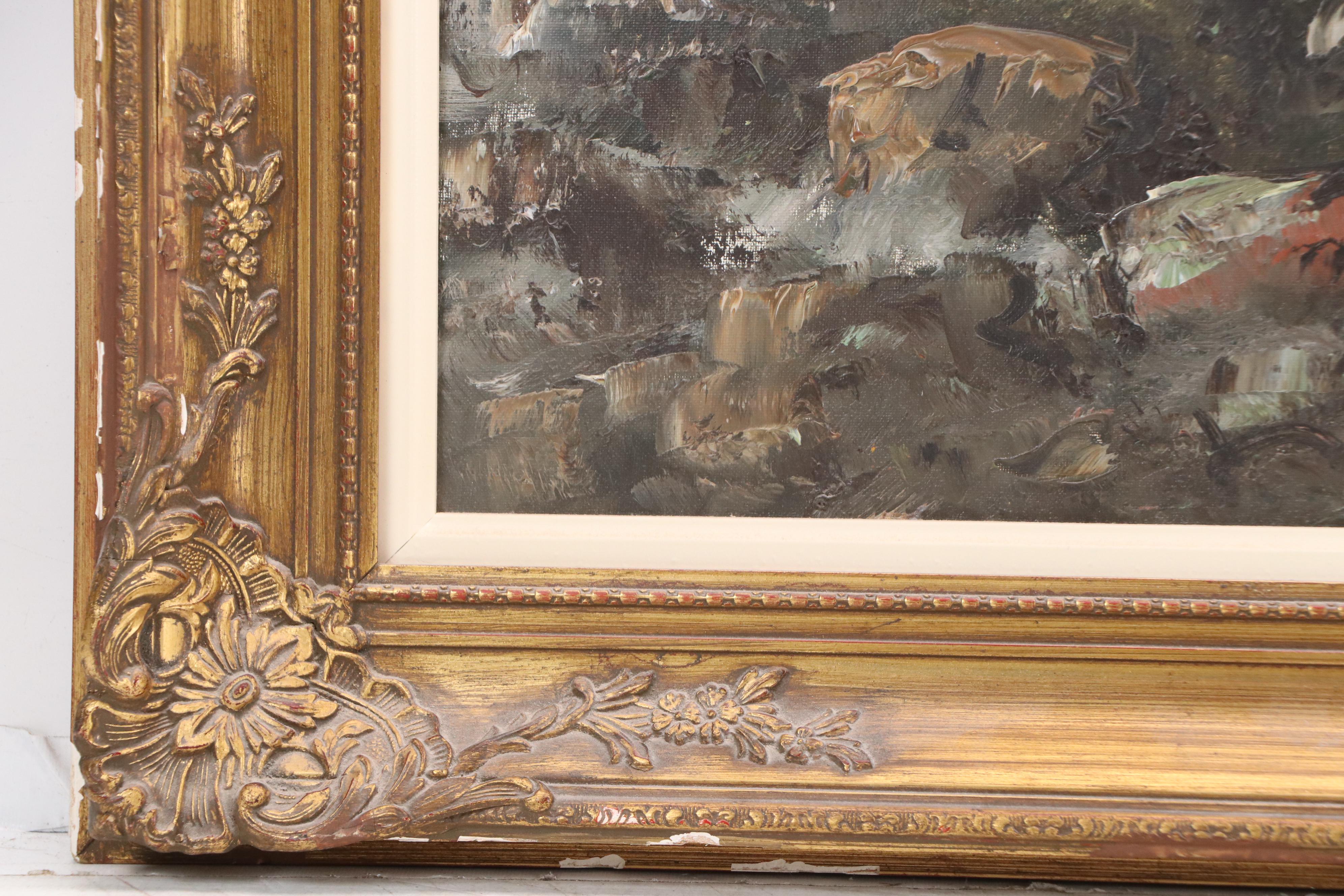 Carlo Mancini Landscape Oil Painting of Lakeside Cottage, Late 20th Century