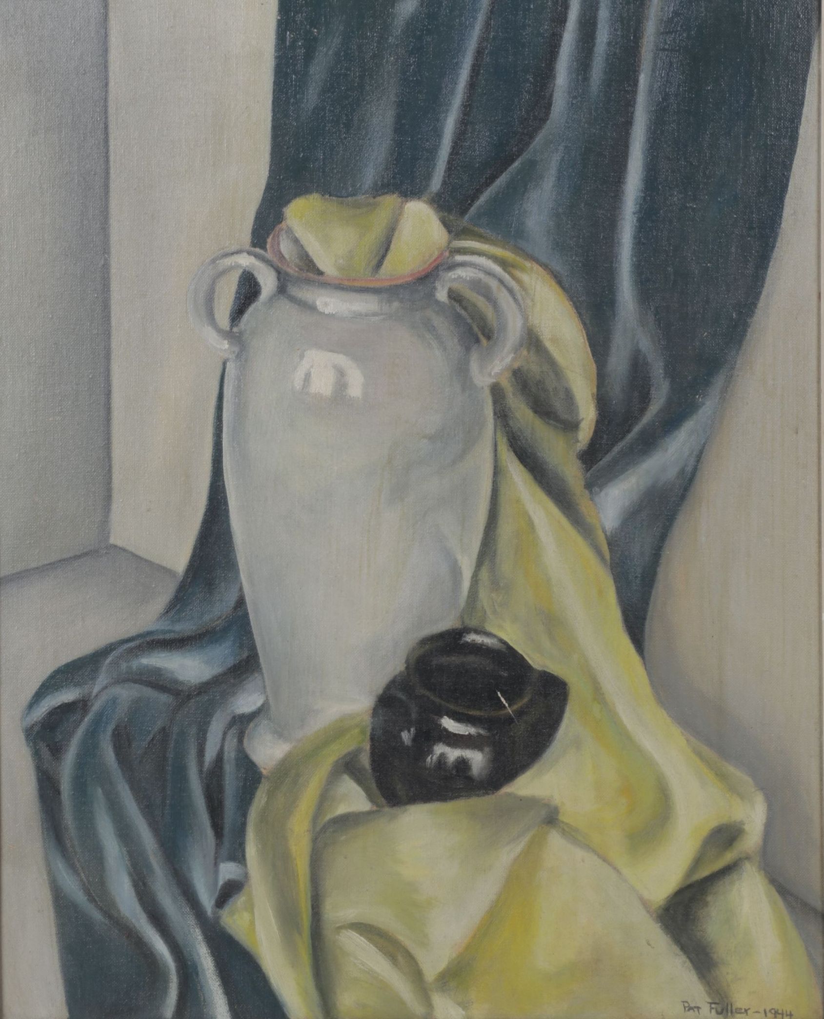 Pat Fuller Earth-Toned Still Life of Vase and Inkwell in Fabric, 1944