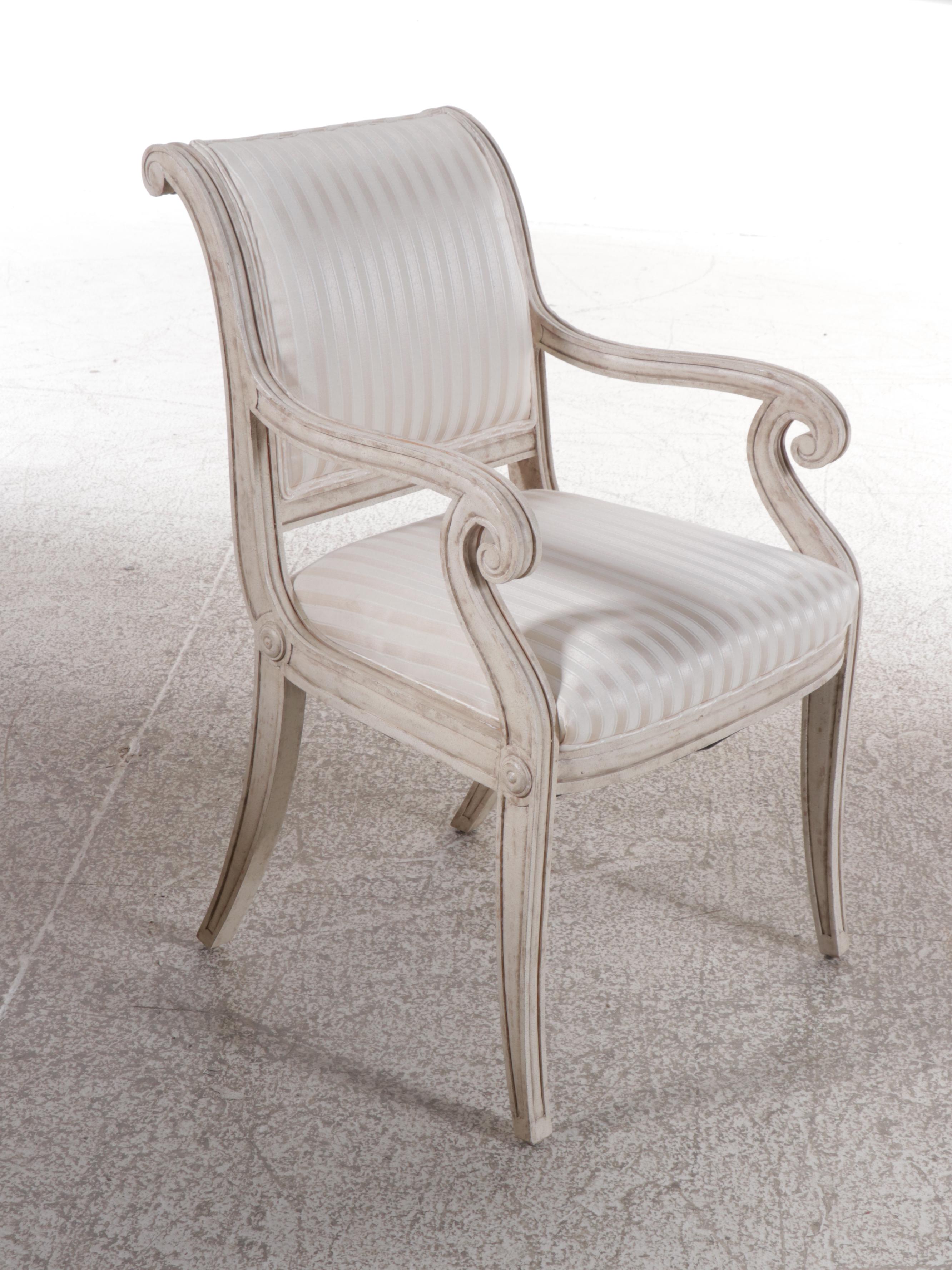 Glass Top Dining Table with Six Louis Philippe Style Painted Armchairs