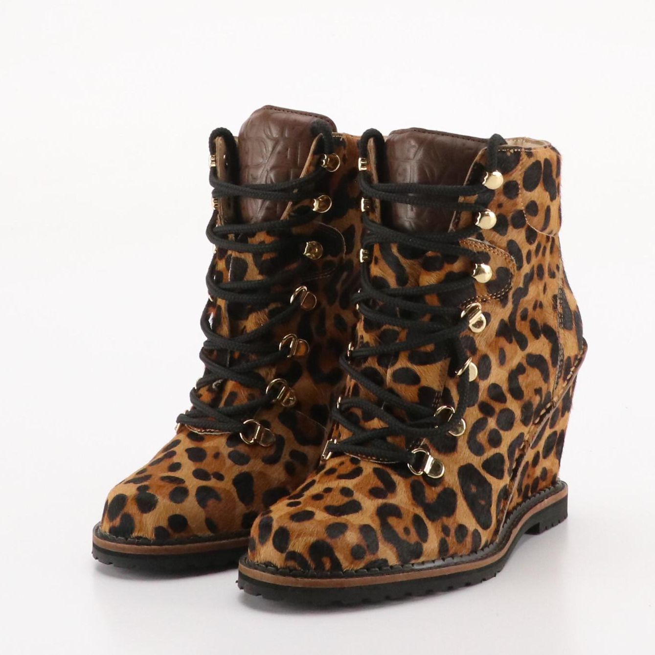 Diane Von Furstenberg Leopard Print Calf Hair Lace-Up Wedge Ankle Boots