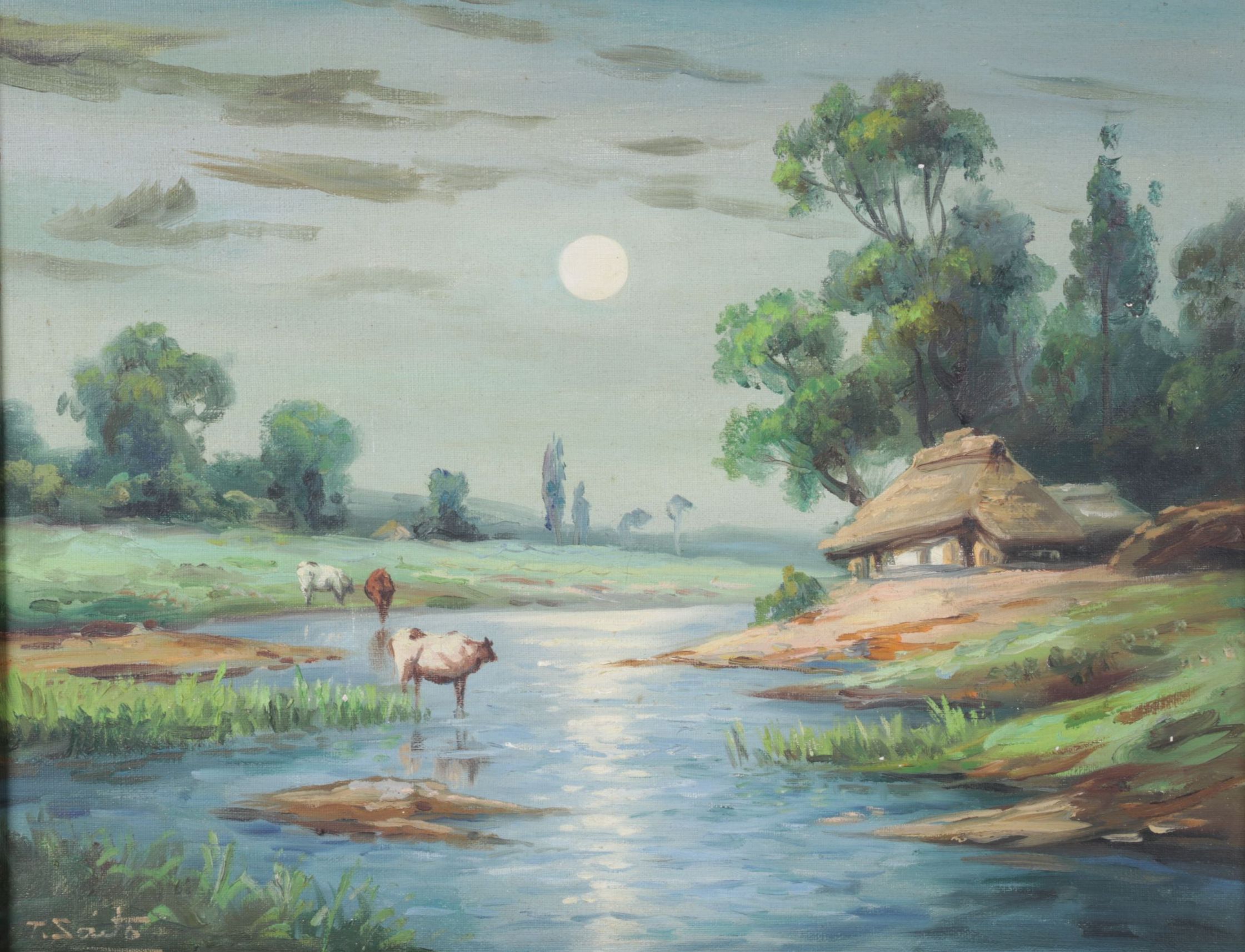 Toyosaku Saito Pastoral River Landscape Oil Painting, Early to Mid-20th Century