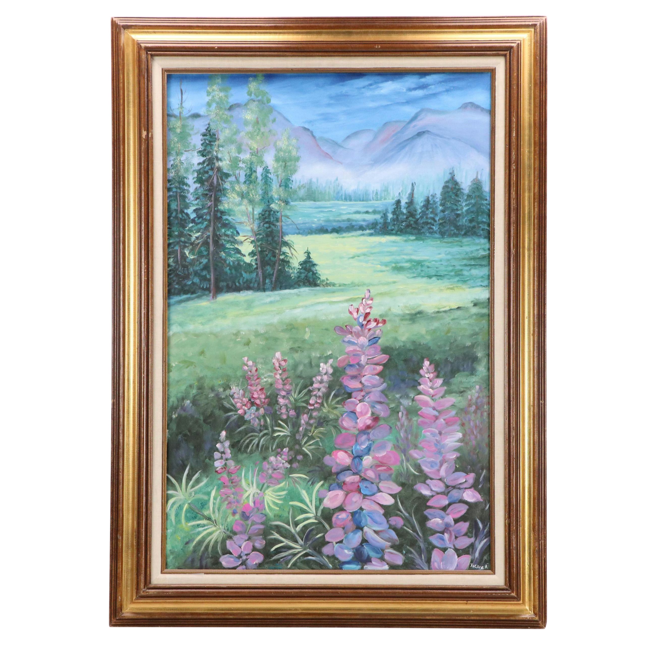 Mountainous Landscape Oil Painting, Late 20th Century