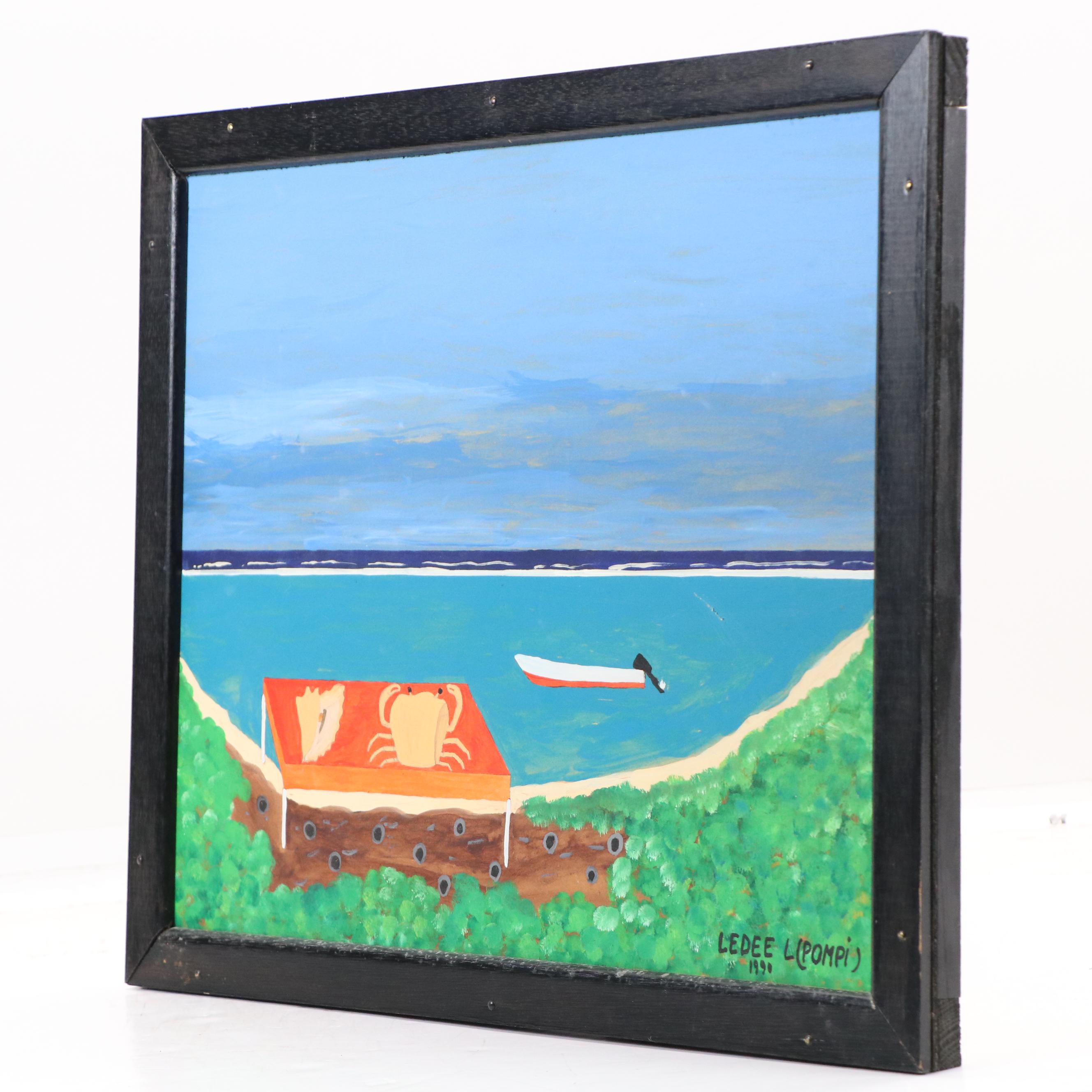 Lédée-Louis Pompi Coastal Landscape Acrylic Painting, 1990