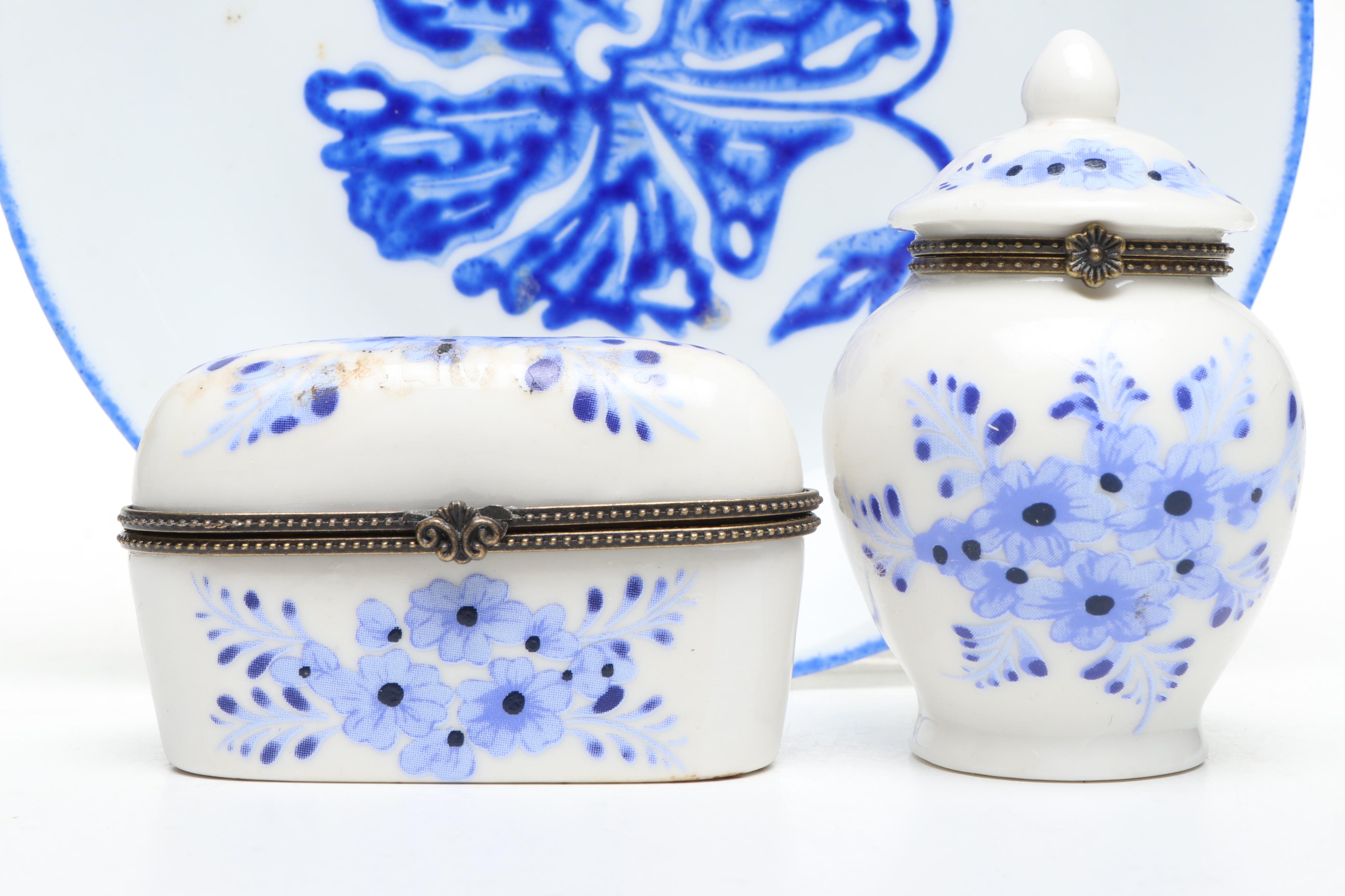 Dutch Blue and White Floral Porcelain Decorative Boxes with Other Plate
