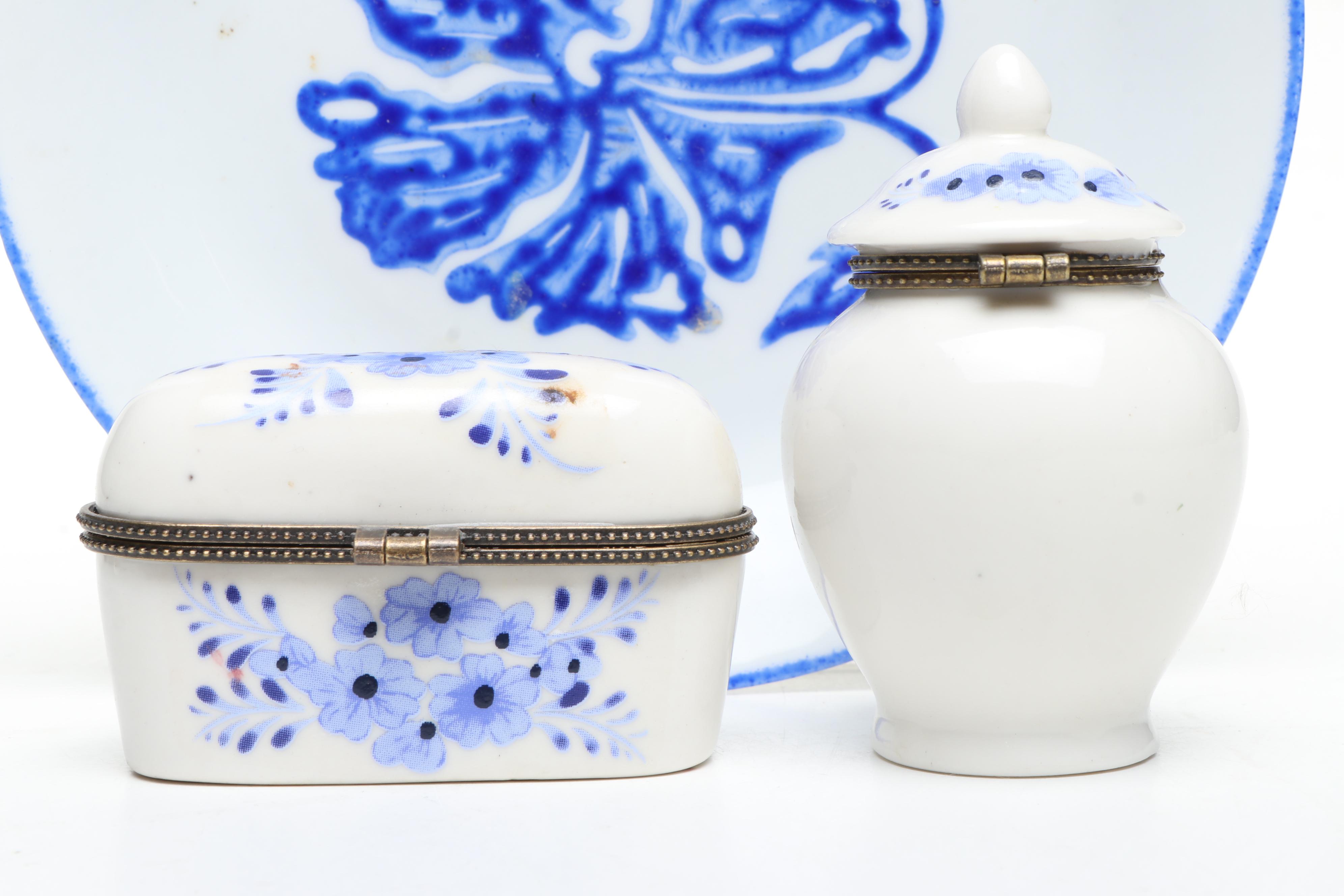 Dutch Blue and White Floral Porcelain Decorative Boxes with Other Plate