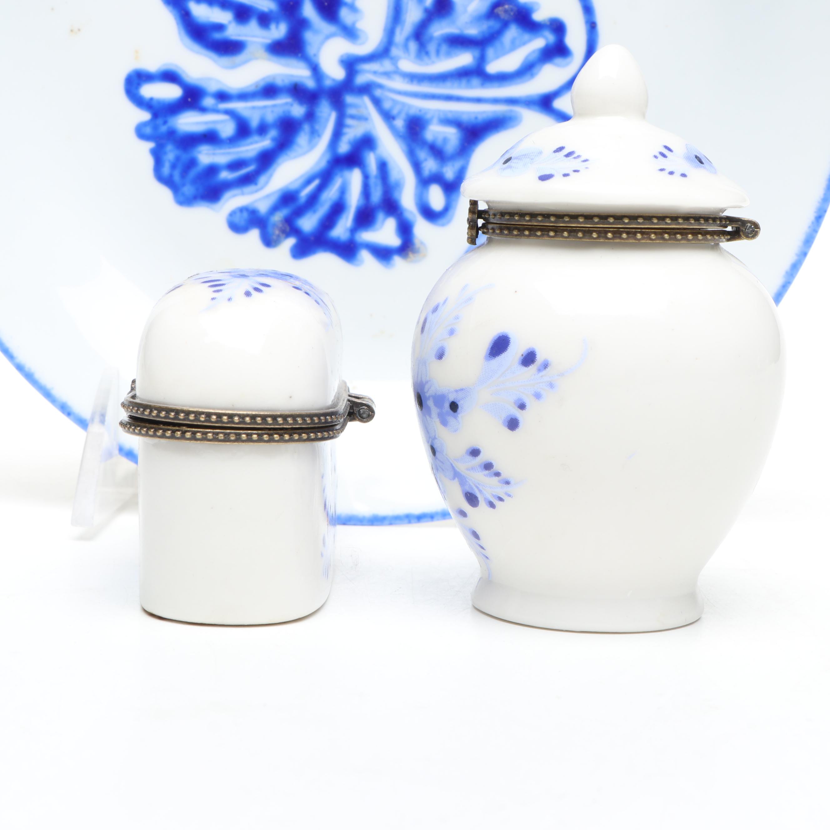 Dutch Blue and White Floral Porcelain Decorative Boxes with Other Plate