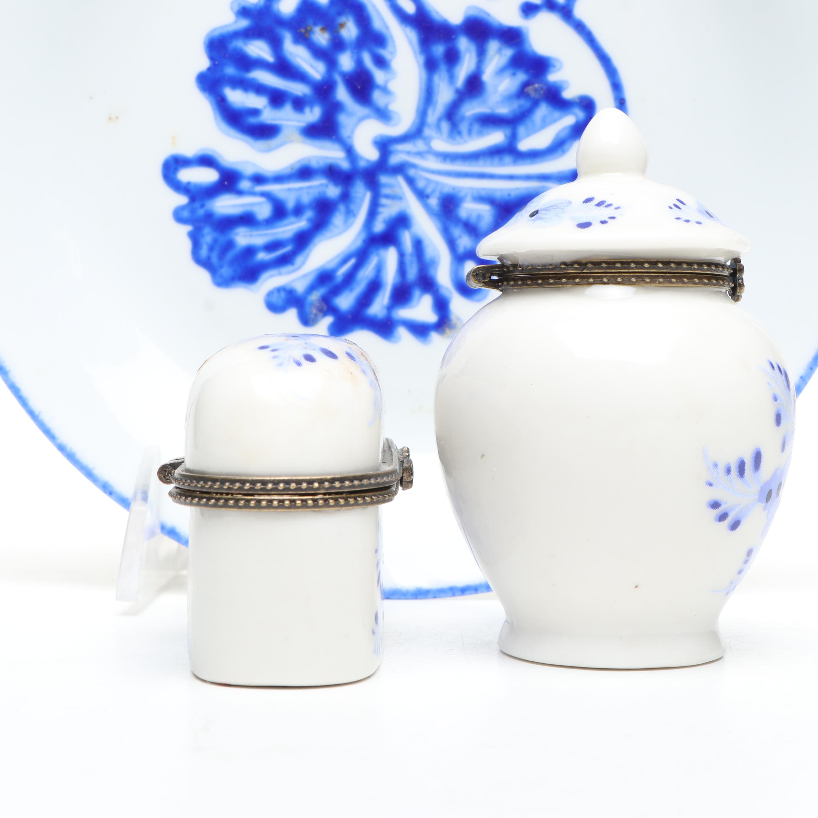 Dutch Blue and White Floral Porcelain Decorative Boxes with Other Plate