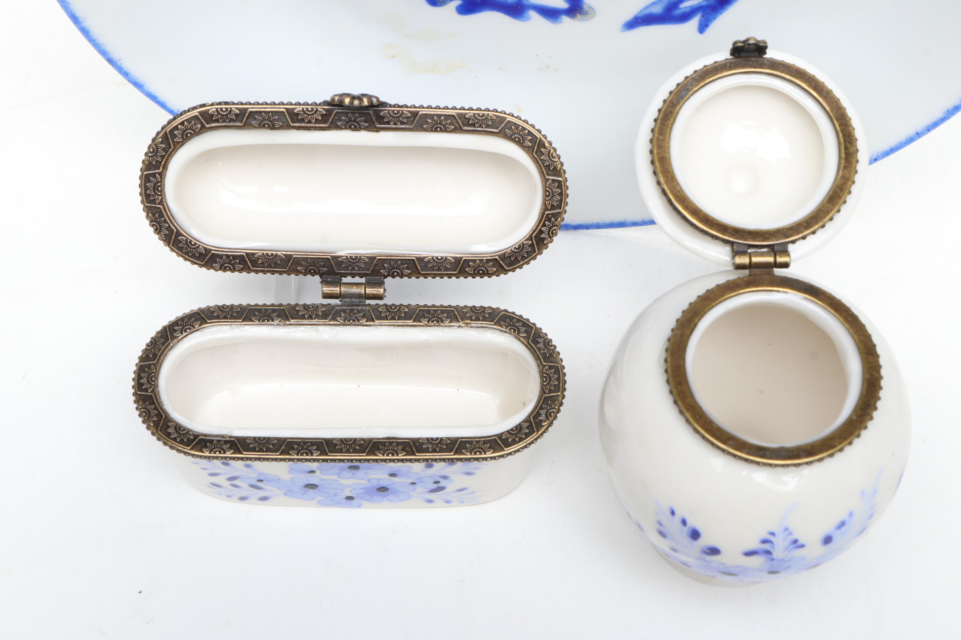 Dutch Blue and White Floral Porcelain Decorative Boxes with Other Plate
