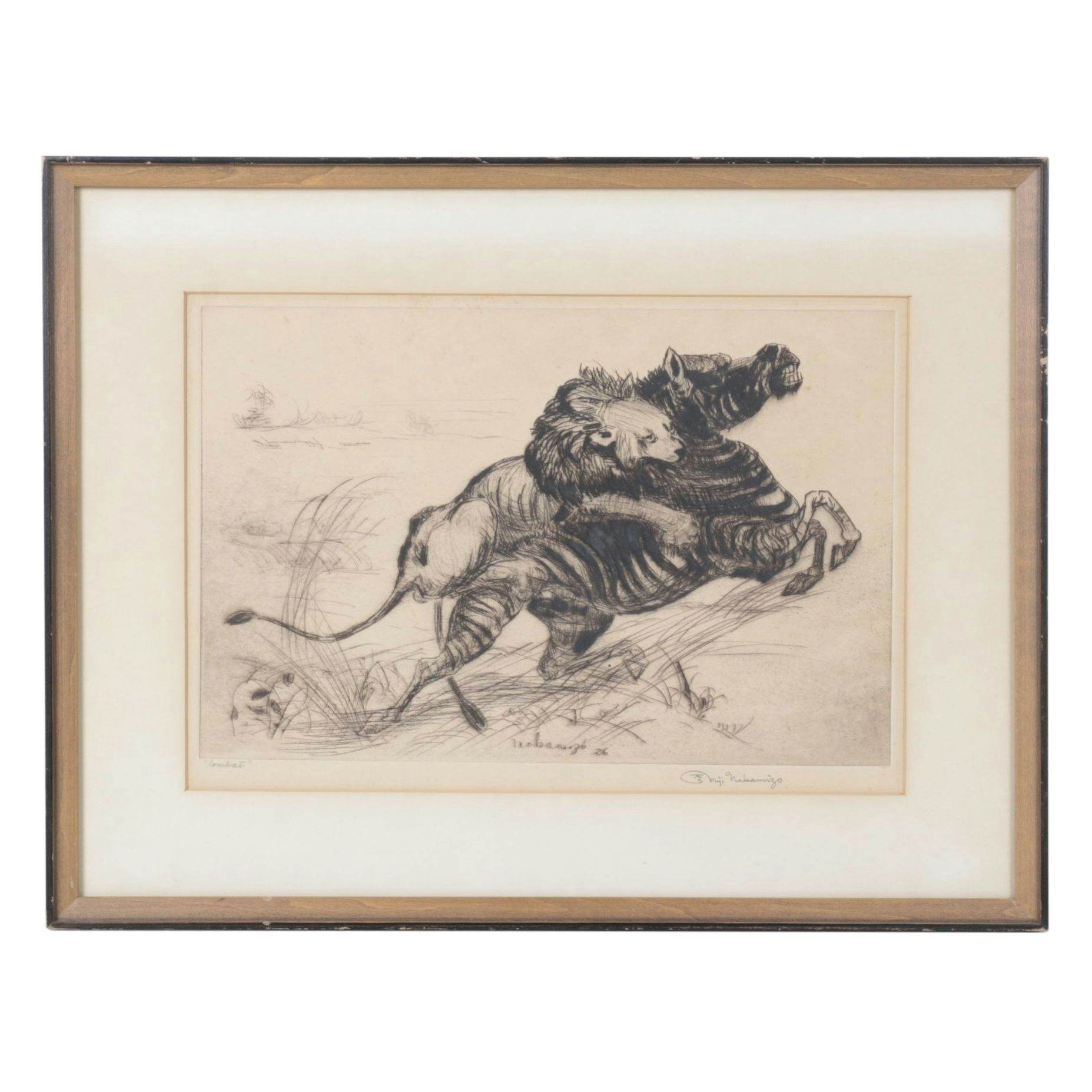 Fuji Nakamizo "Combat" Etching on Paper, 1926
