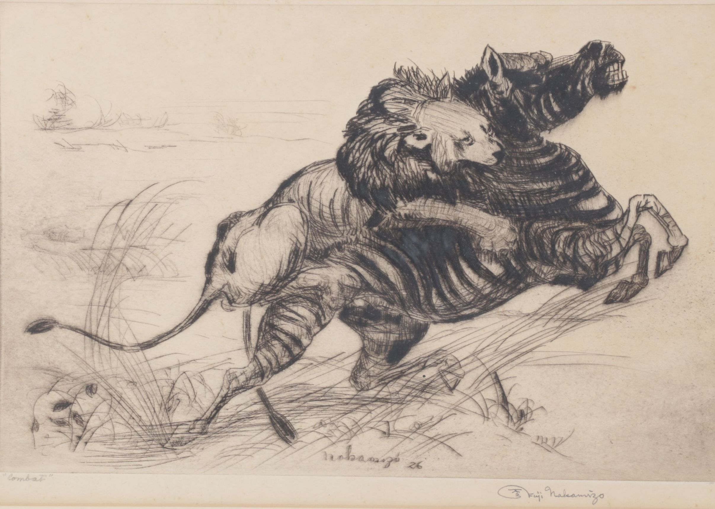 Fuji Nakamizo "Combat" Etching on Paper, 1926