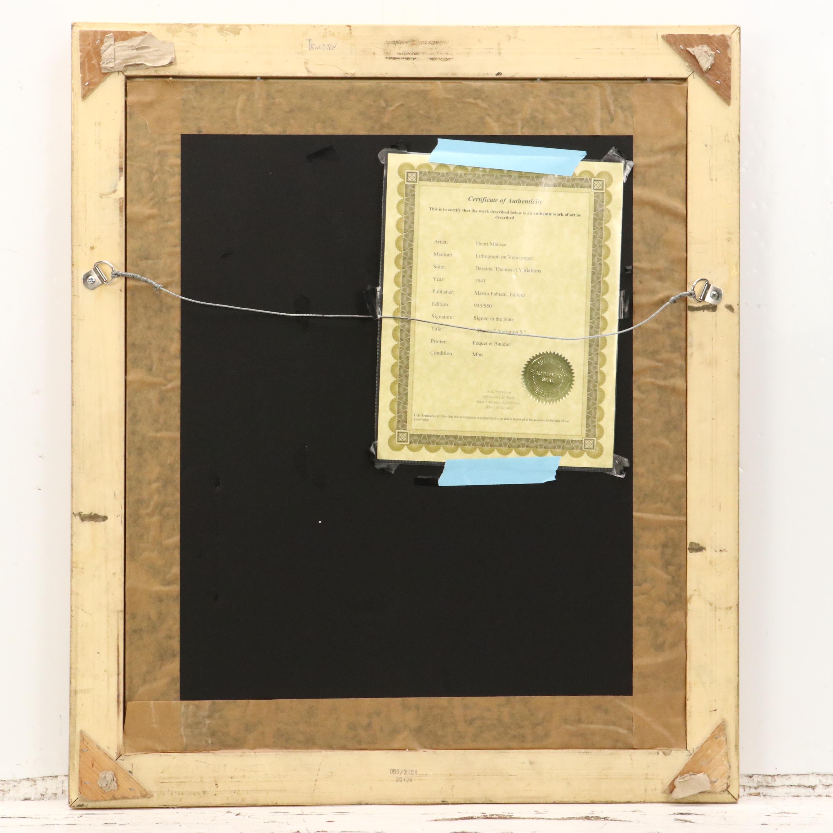 Henri Matisse Lithograph "Theme E, Variation 5," 1941