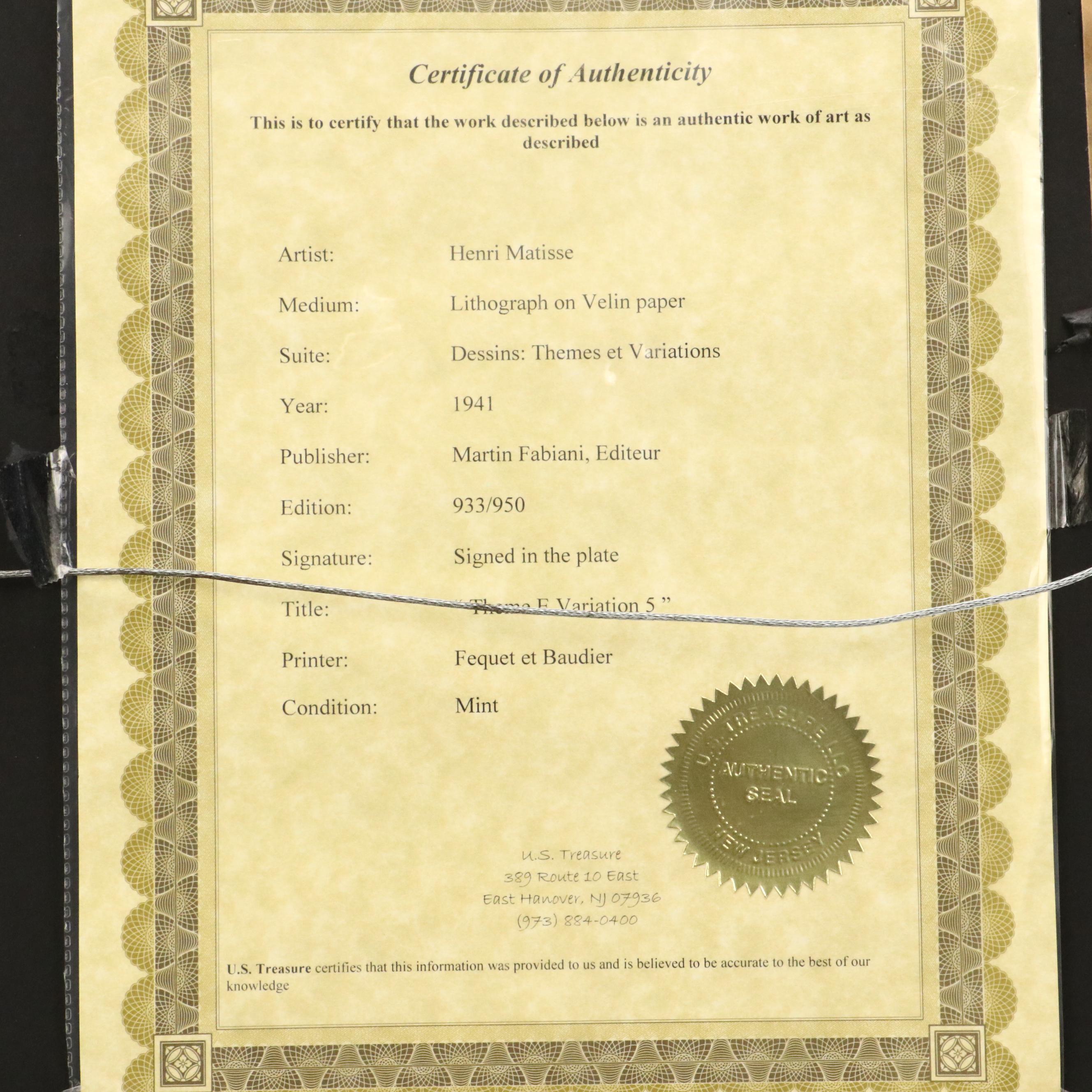 Henri Matisse Lithograph "Theme E, Variation 5," 1941