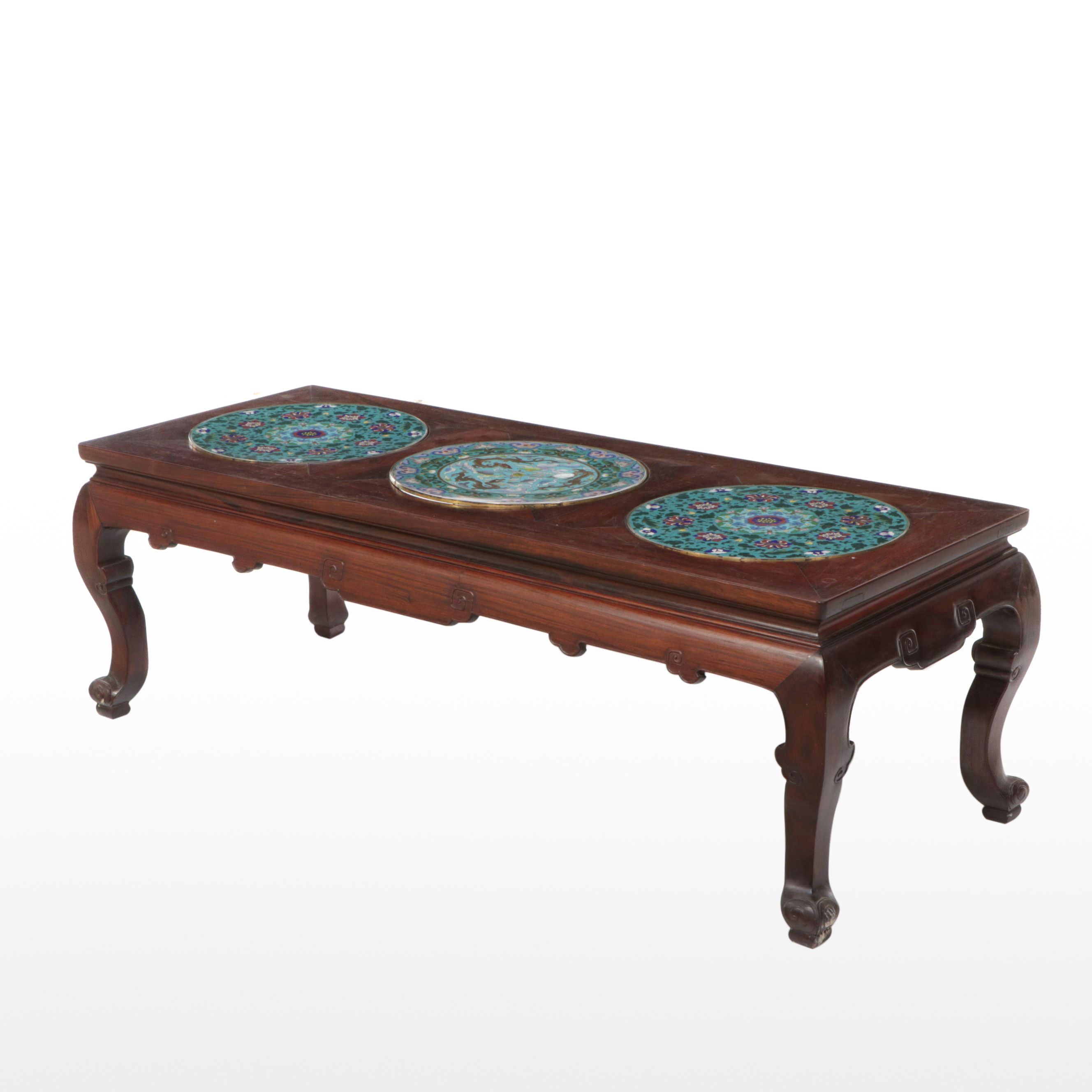 Chinese Rosewood Coffee Table with Inlaid Cloisonné Medallions
