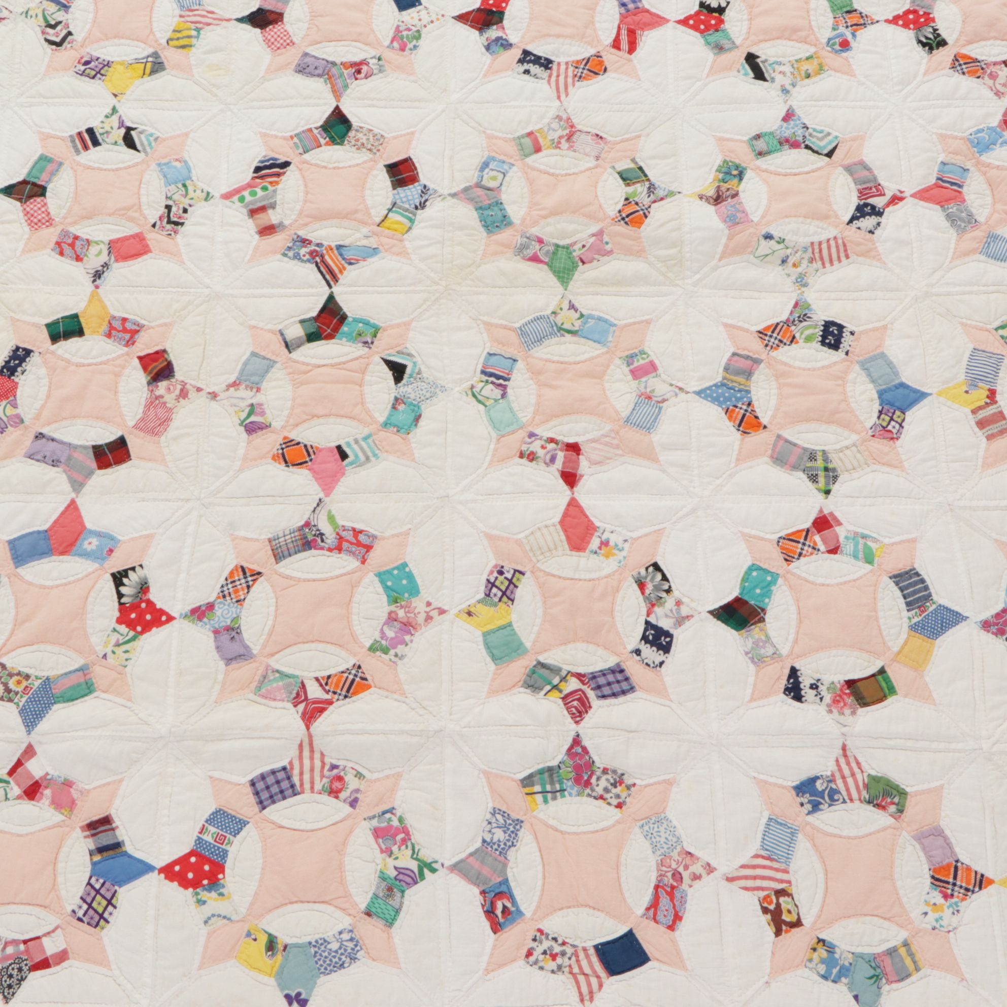 Handmade Patchwork "Caesar's Crown" Quilt with Peach Floral Border