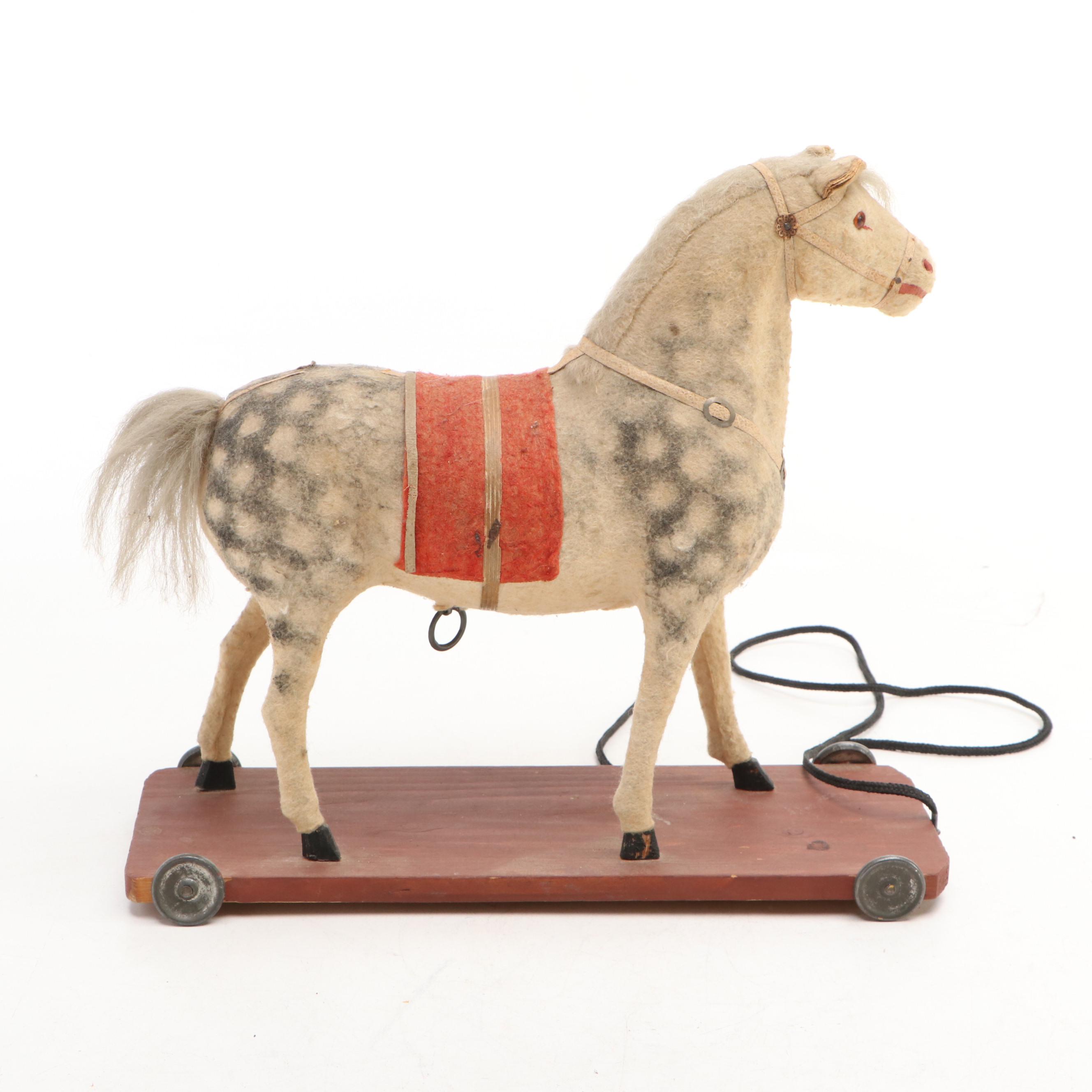 Handmade Felt Dapple Gray Horse Antique Pull Toy
