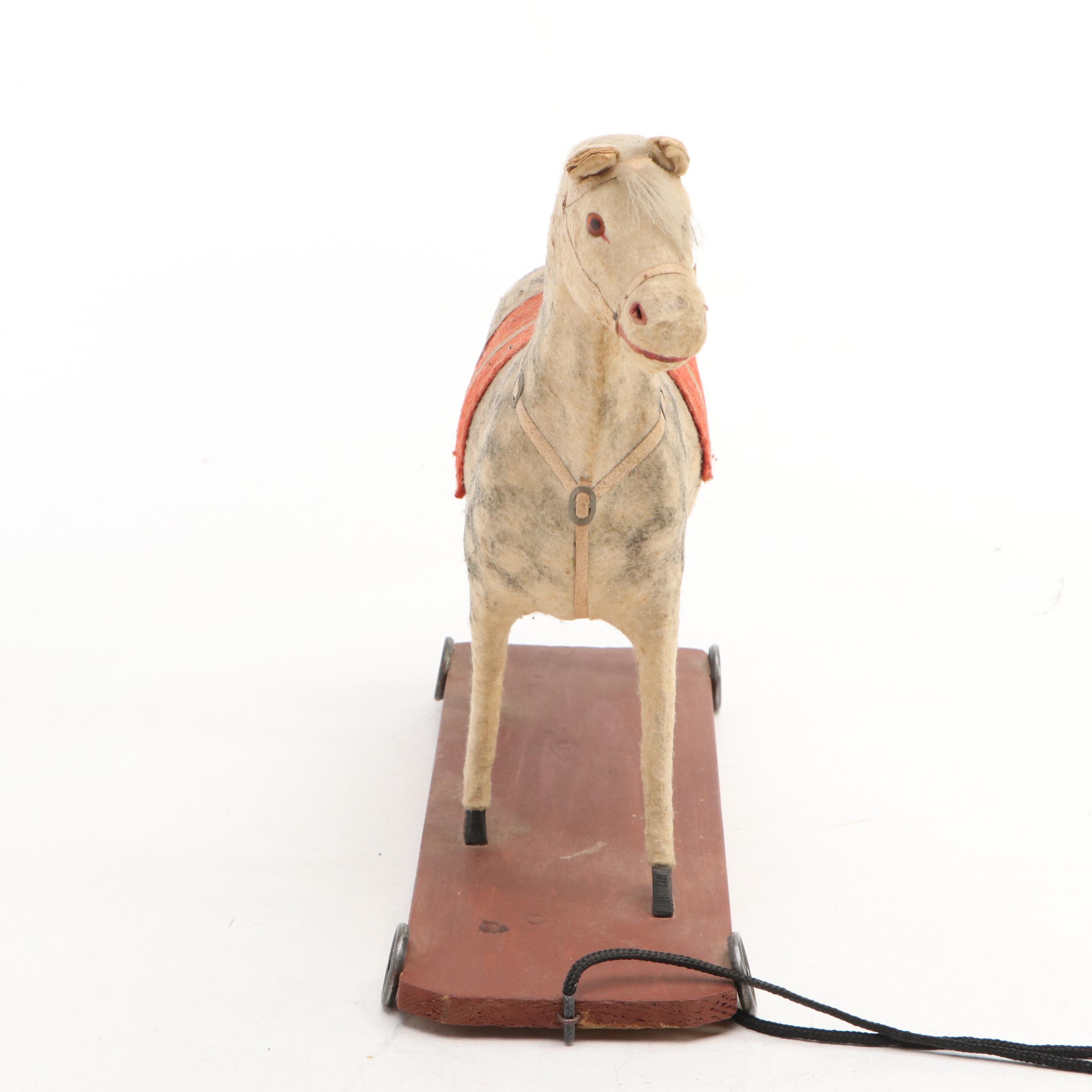 Handmade Felt Dapple Gray Horse Antique Pull Toy