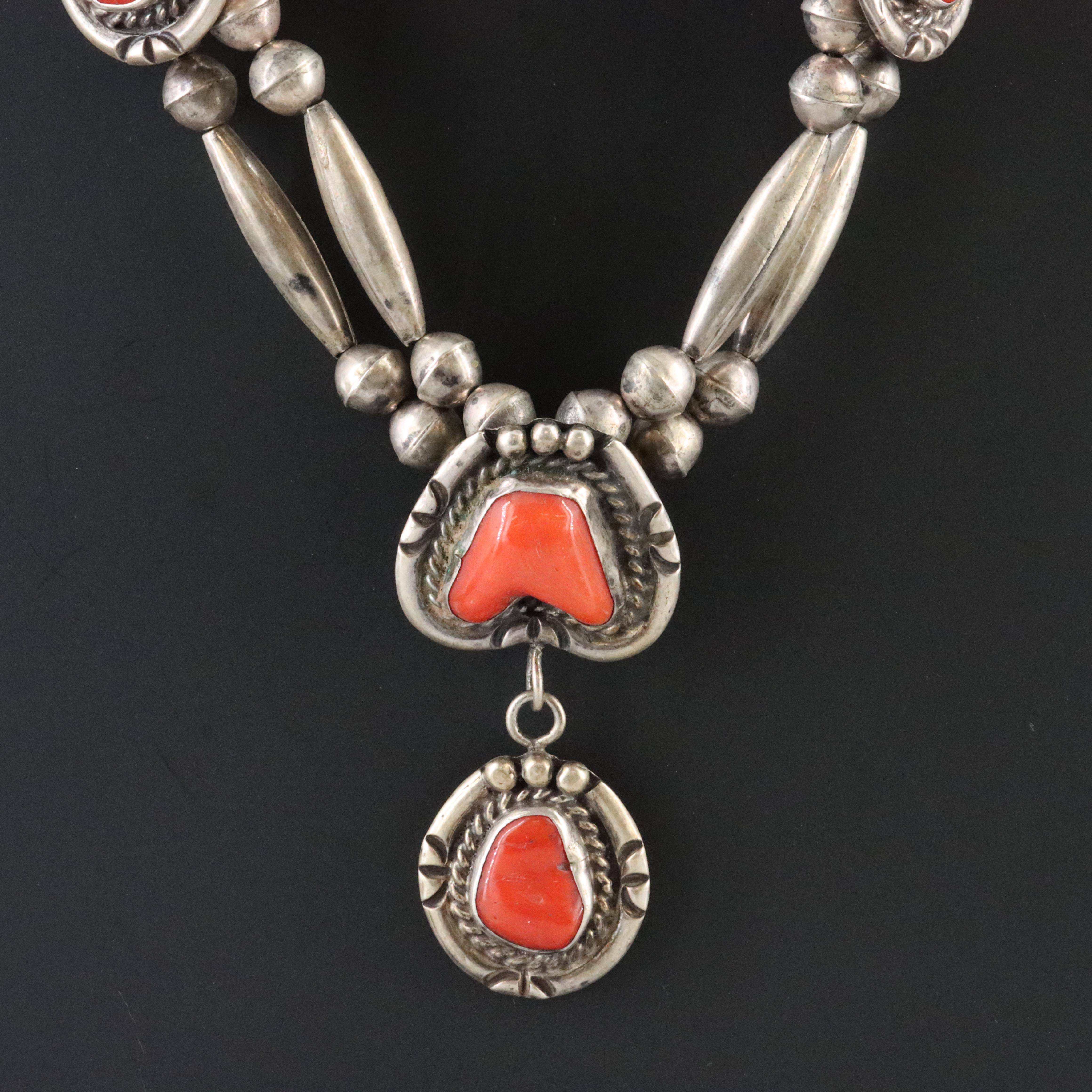 Southwestern Sterling Coral Pendant Necklace