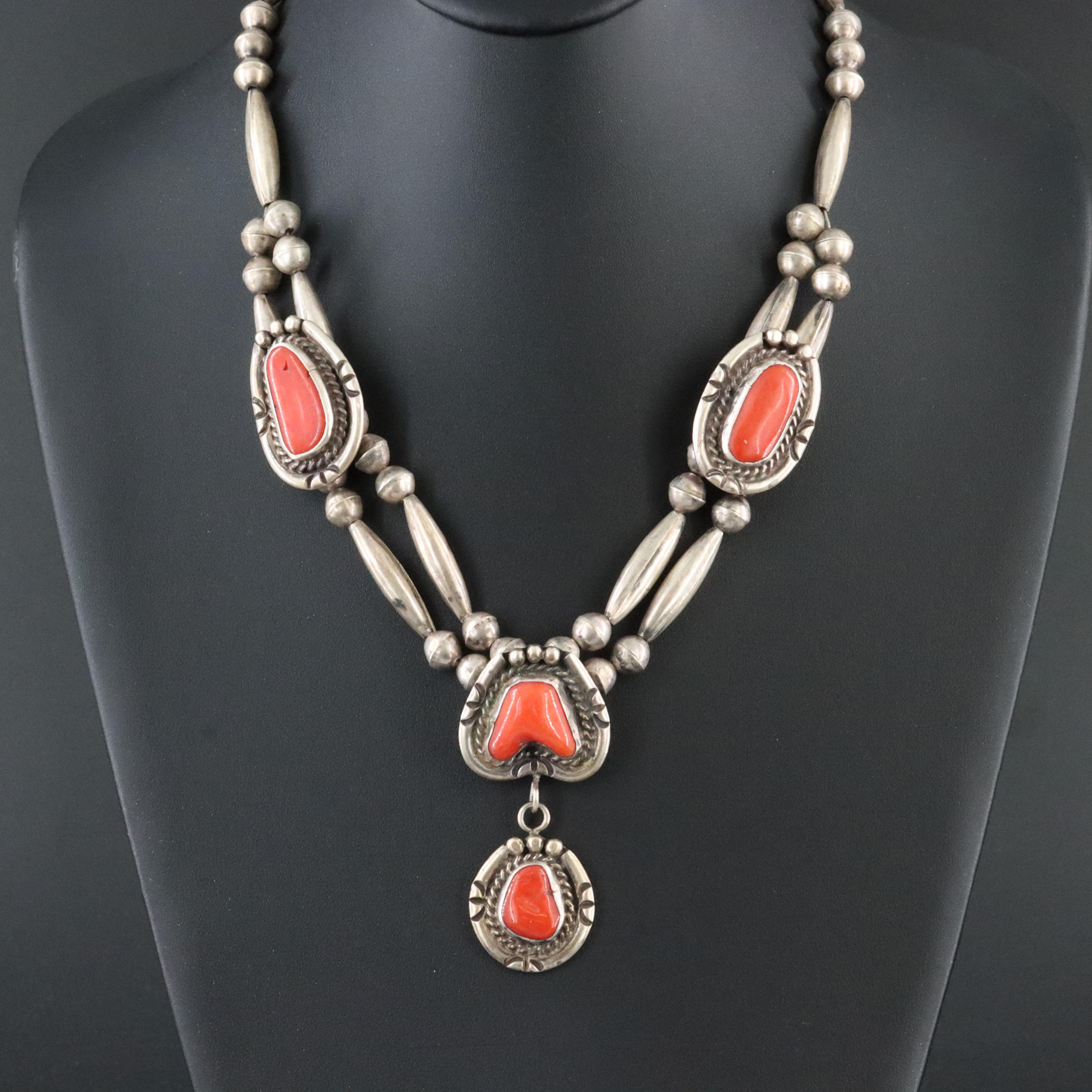 Southwestern Sterling Coral Pendant Necklace