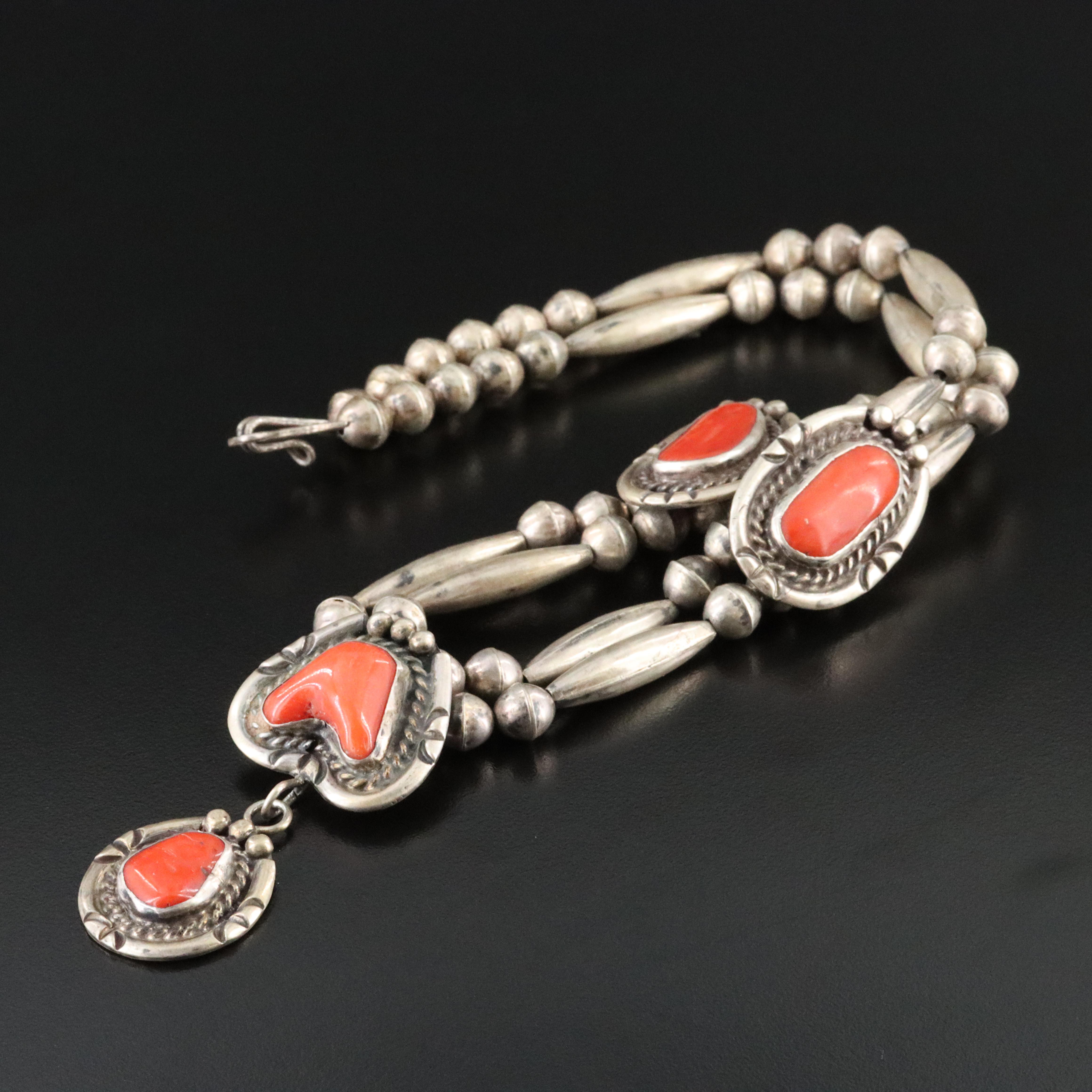 Southwestern Sterling Coral Pendant Necklace