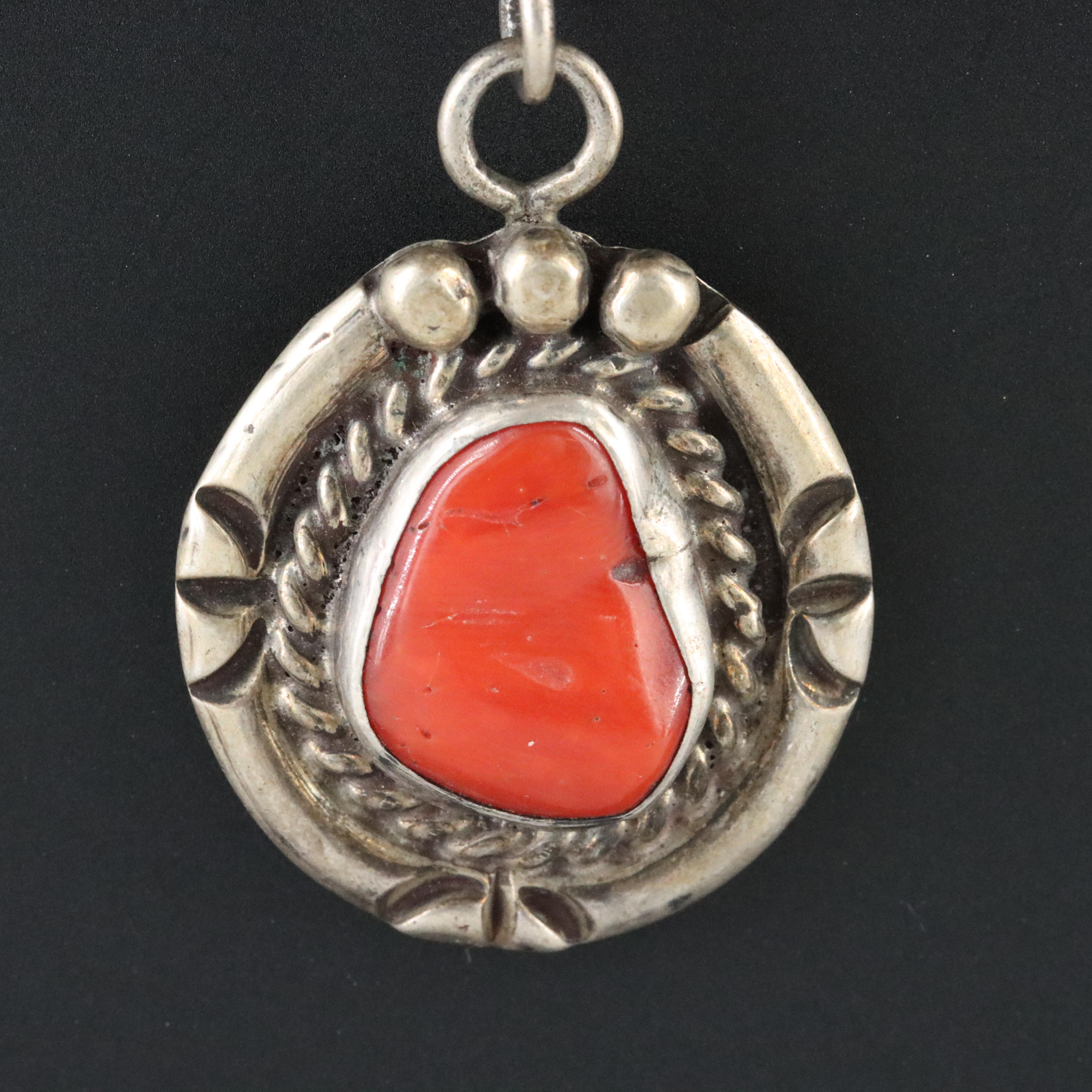 Southwestern Sterling Coral Pendant Necklace