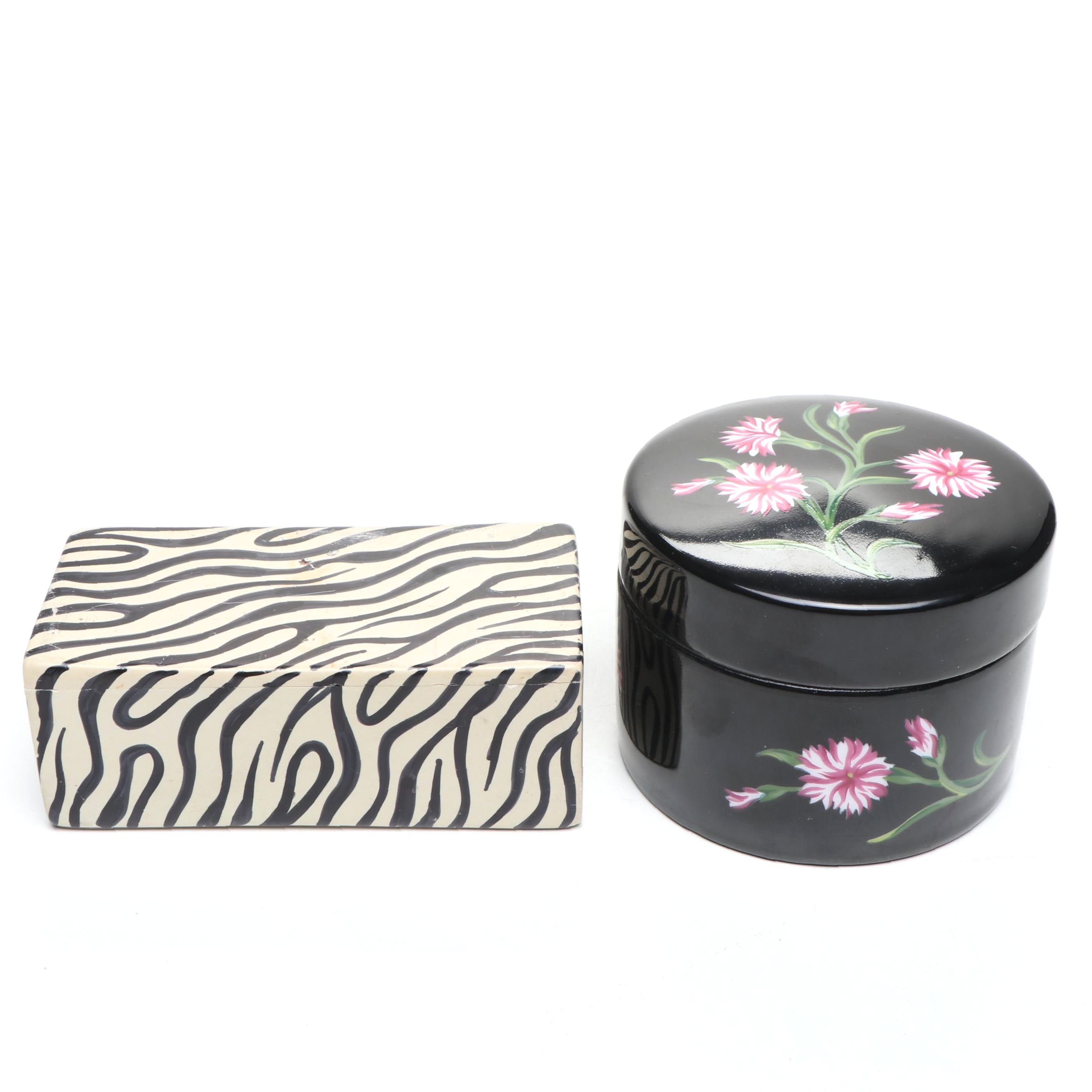 Tiffany & Co. Floral Porcelain Decorative Box and Other Zebra Stripe Ceramic Box