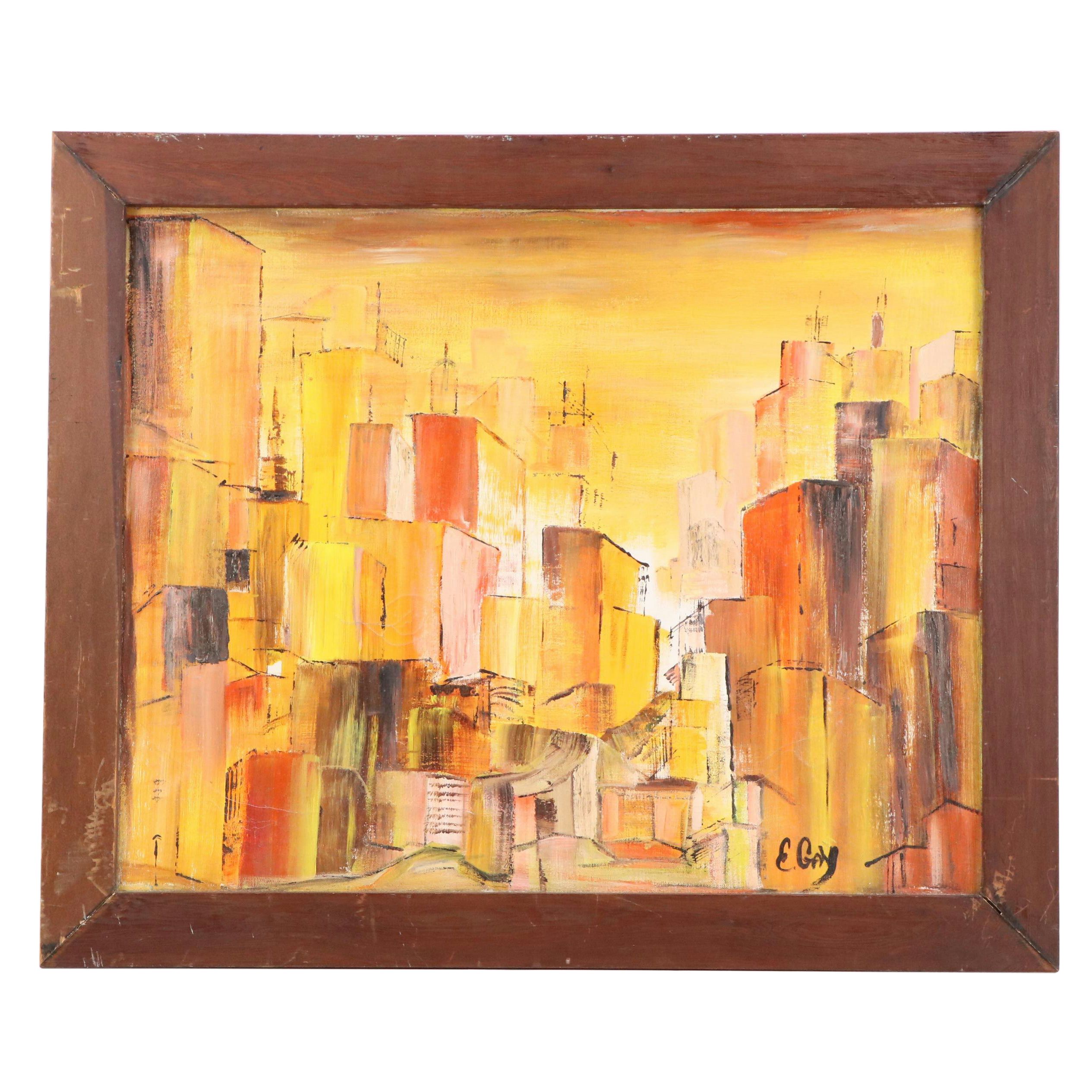 E. Gay Abstract Cityscape Acrylic Painting "Modesto," 1967